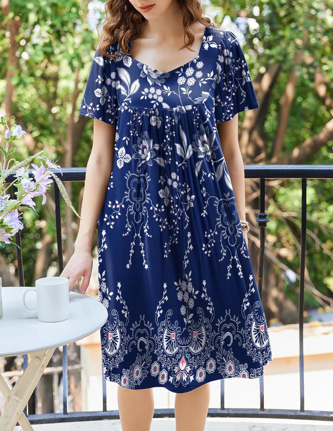 Ekouaer Women's House Dress - Pleated Nightgown with Short Sleeves & Pockets - Image 2