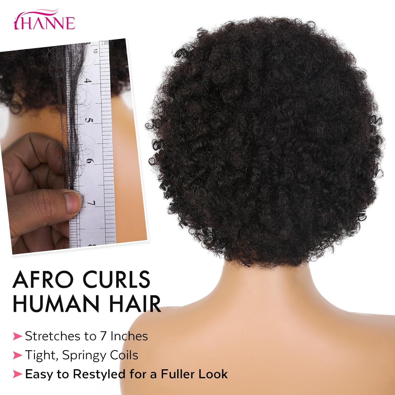 HANNE Short Afro Wig for Black Women 100% Human Hair Tight Curly Wig Short Curly Wig (Black)