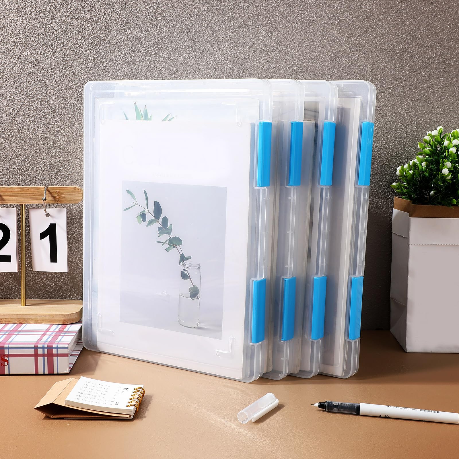 NOLITOY Transparente Kunststoffbox 4 Stück Dokumentenbox Stapelbar mit Deckel für Büro und Schulbedarf zur Aufbewahrung von Fotos und Unterlagen