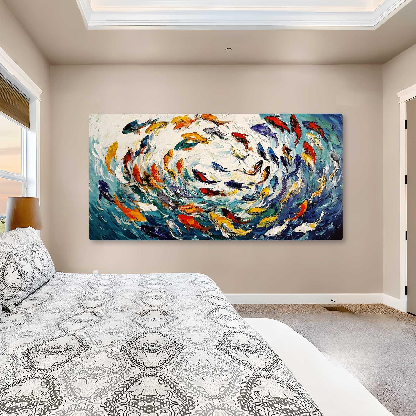 School of Fish Canvas Wall Art, Colorful Fish Herd Canvas Print, Abstract Sea Animal Wall Art, Coastal Pictures, Ocean Bathroom Decor, Marine Decor