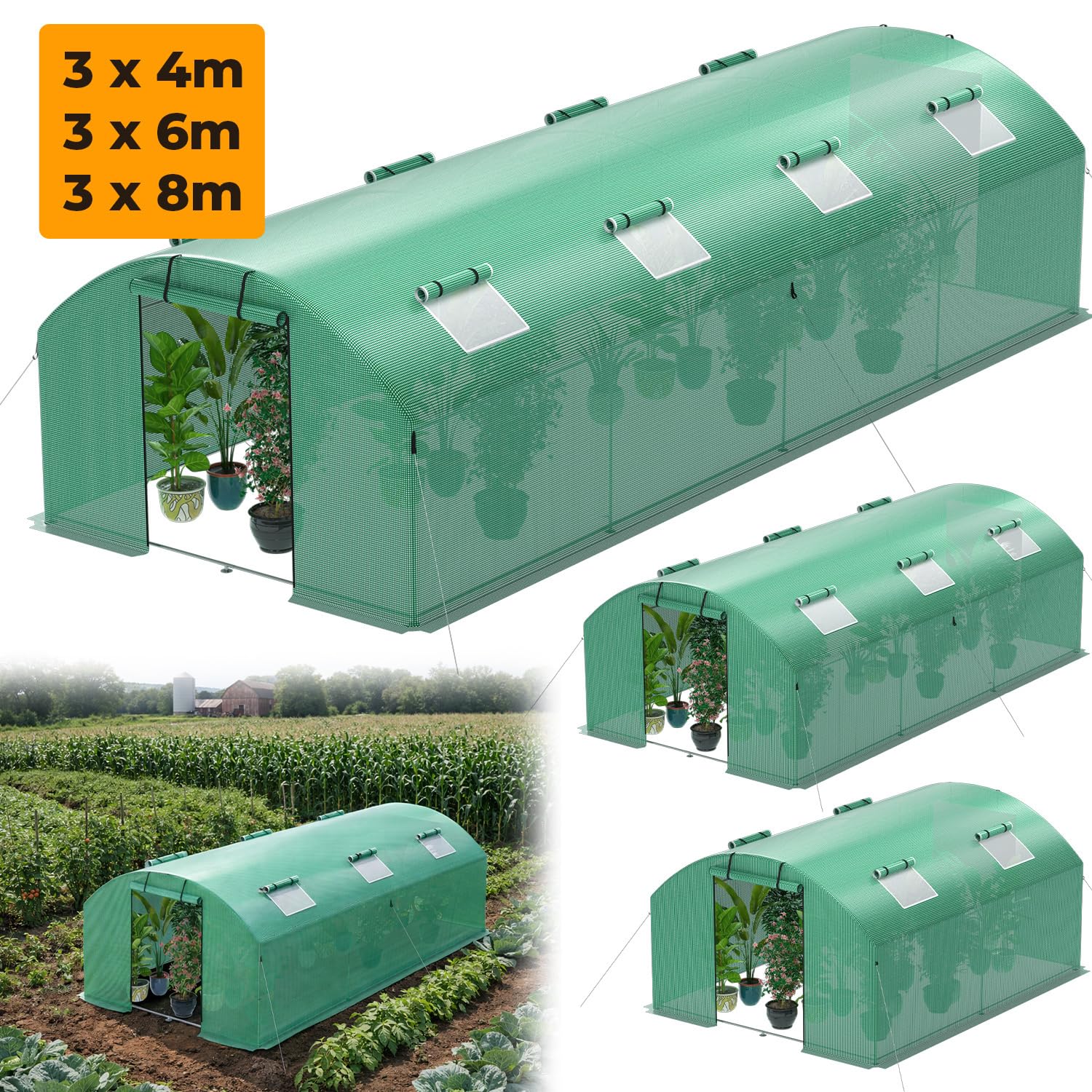 Szklarnia 300 x 600 x 200 cm, szklarnia warzywna z 6 oknami i 2 drzwiczkami z zamkiem błyskawicznym, 140 g/m² PE UV50+, osłona kotwy gruntowe i liny przeciwwiatrowe do stabilnego mocowania w