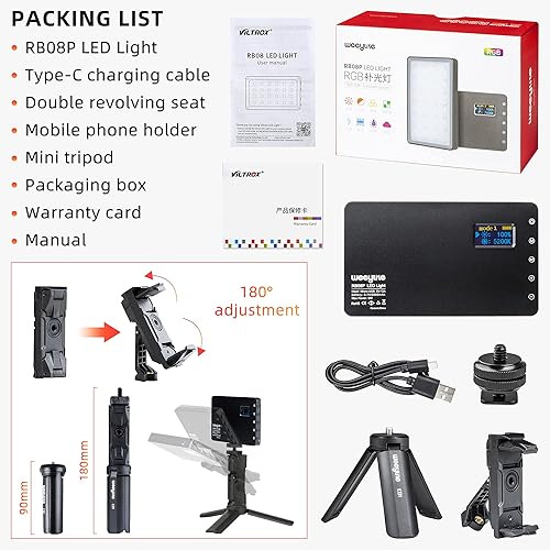 Miniatura 7 de Luz de video LED RGB, luz LED pequeña portátil en la cámara con trípode y soporte para teléfono, panel de luces de fotografía a todo color