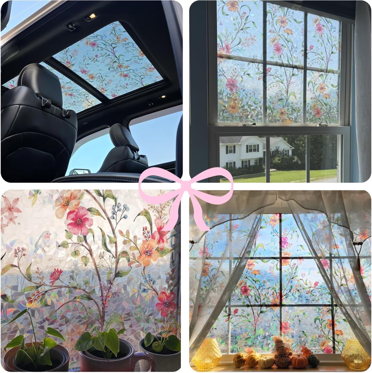 Window Privacy Film, Trumpet Vine Decorative Static Cling Glass Sticker No Glue Removable Window Tint with Installation Tools, Anti-UV Front Door Glass Covering for Home, 23.6" x 157.4"