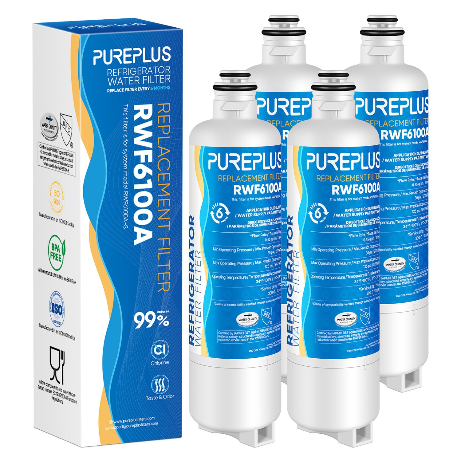 PUREPLUS BORPLFTR50 Ricambio per filtro acqua per frigorifero Bosch Ultra Clarity Pro, compatibile con 12028325,12033030,11025825, BORPLFTR55, WFC100MF, WFS200MF, confezione da 4