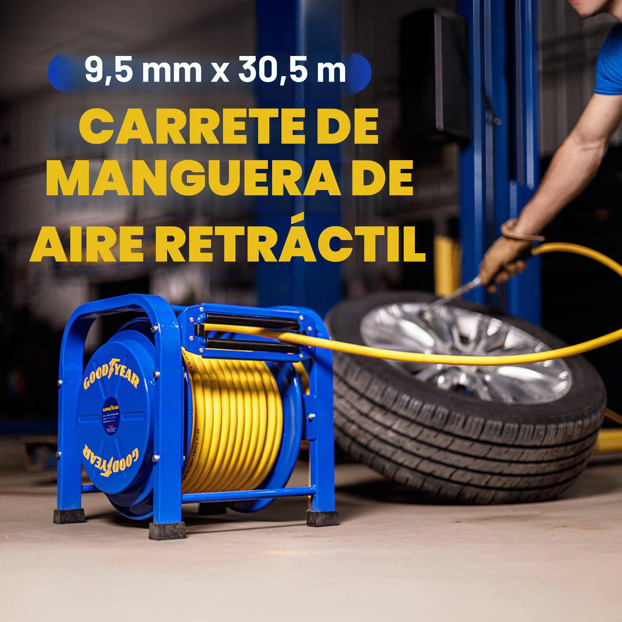 Goodyear elite heavy duty pro accionado por resorte de acero retráctil carrete de manguera (3/8 pulg. x 100 pies.), con 2 años de garantía