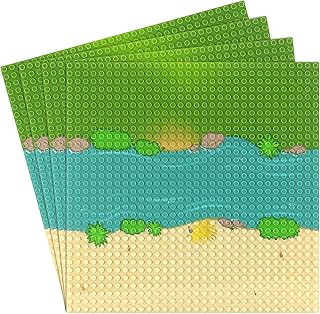 Feleph 4 Pieces Classic Baseplate with River and Grassland Pattern Base Plates for Building Blocks 10 x 10 Inches Mat Compatible with Major Brands