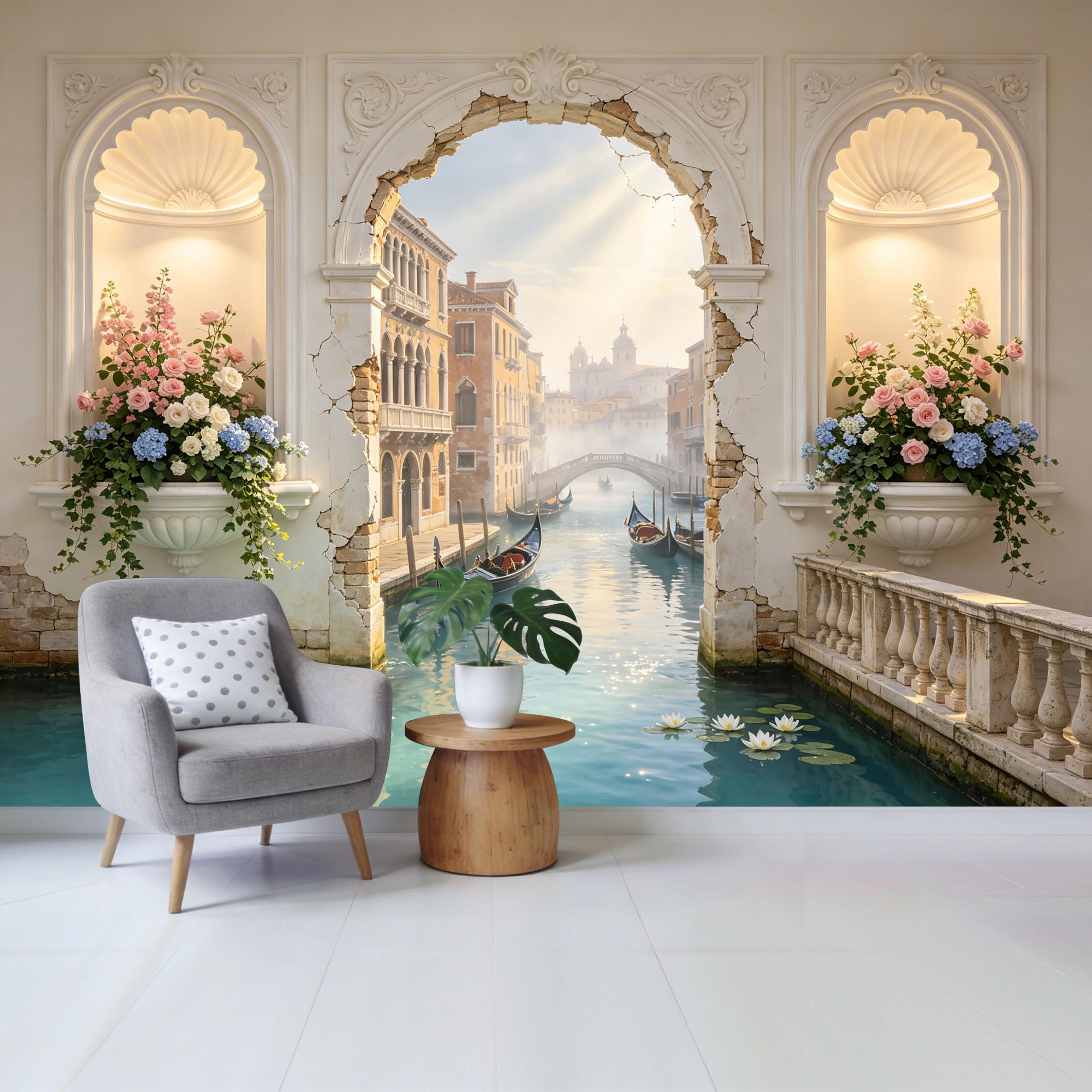 Custom Size Wall Mural Coastal Canal View with Gondolas Floral Arch Removable Self Adhesive Fabric Home Wall Decor for Living Room Bedroom Bathroom