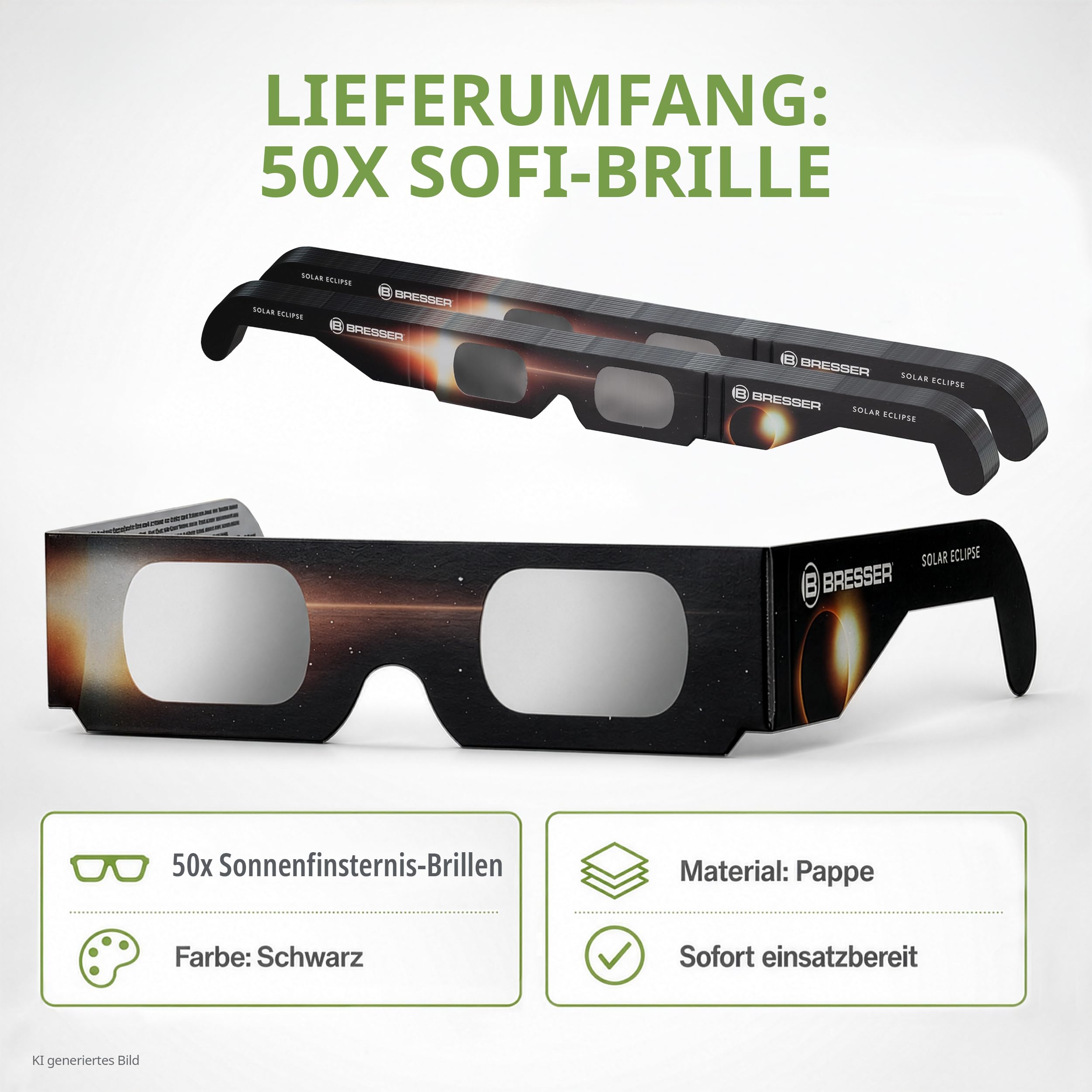 Bresser Sonnenfinsternis Brille CE-zertifiziert ISO 12312-2 50 Stück | Absolut sicher, bereit für die Sonnenfinsternis 2026, 2027, 2028, hellgelbes Sonnenbild, UV und IR Schutz, Made in USA