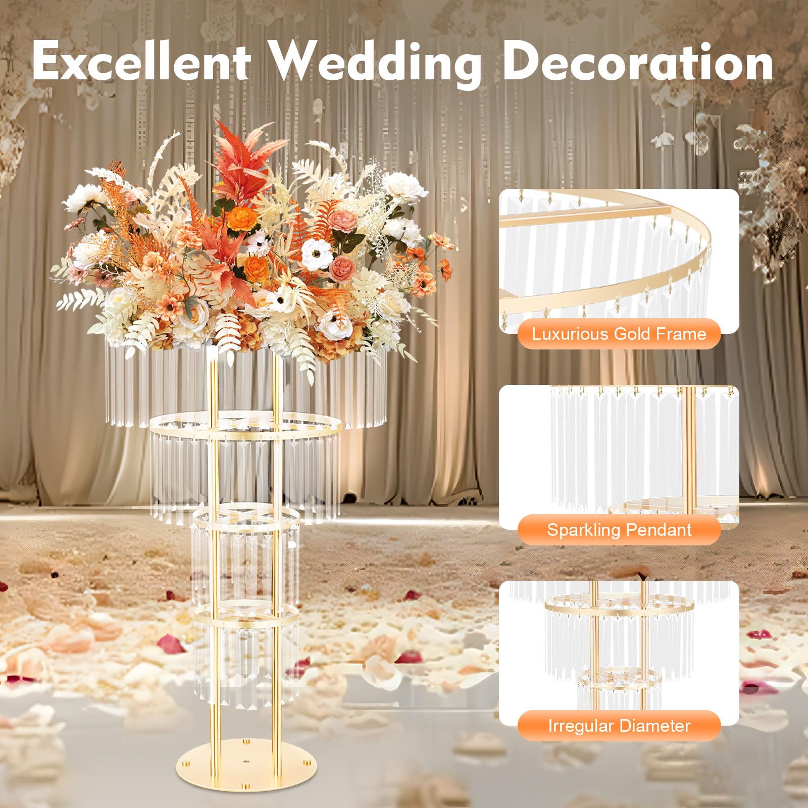Centros de mesa de boda, decoración de flores, jarrones de cristal dorado de 35.4 pulgadas, decoración moderna de pedestal redondo dorado, soporte de pedestal redondo de 3 niveles para