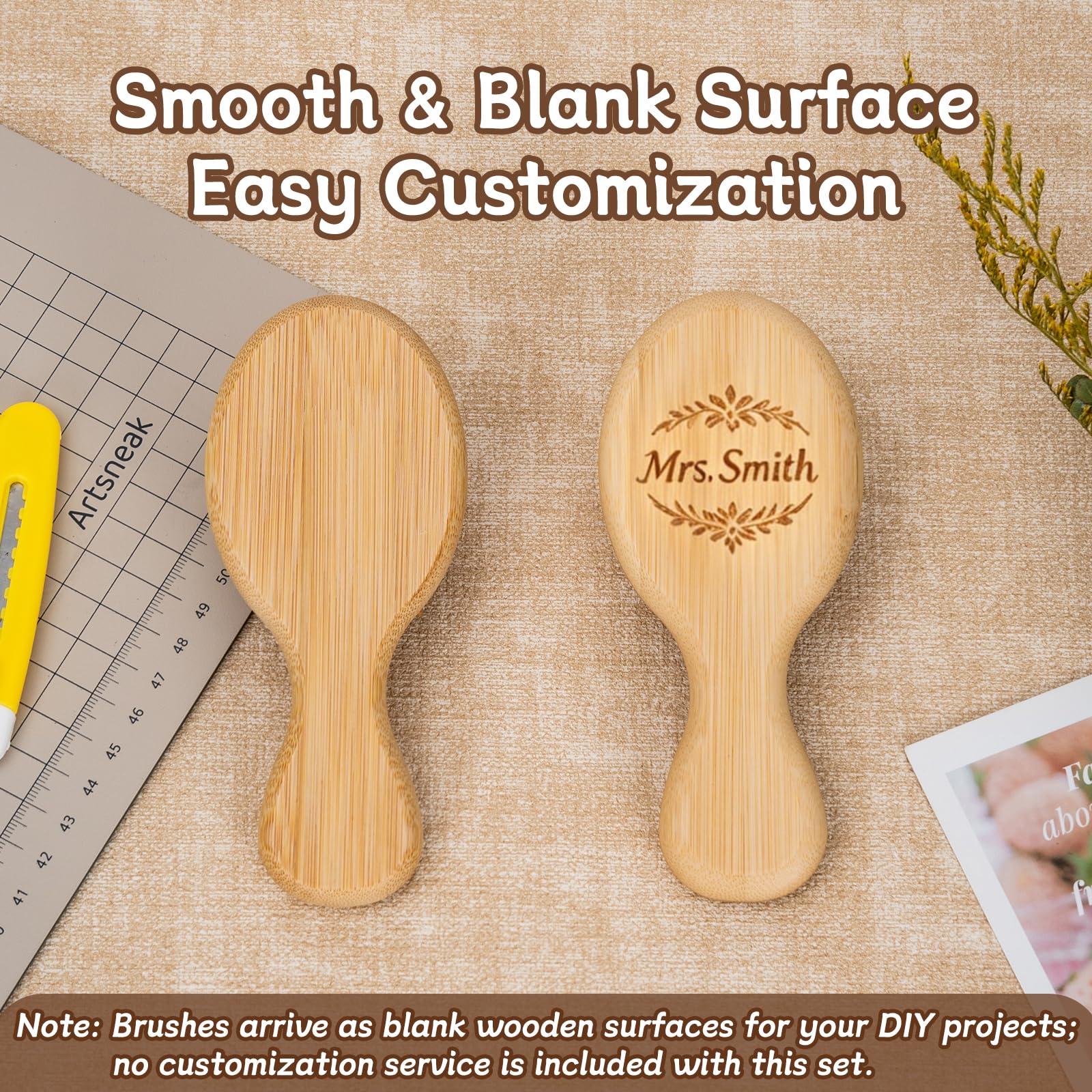 10-Pack Mini Bamboo Hair Brush Set with Linen Bags, 5.5-Inch Blank Wooden Brushes