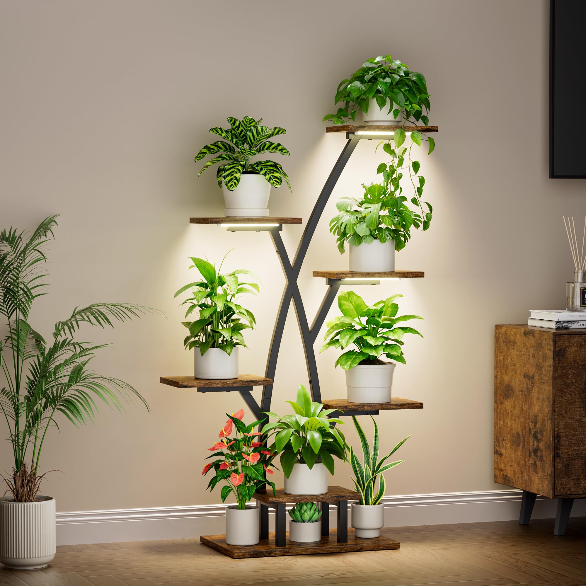 BACEKOLL Pflanzenständer mit Wachstumslicht - 7 Ebenen Blumenständer 105cm Metall Holz Pflanzenregal - Innen & Außen Blumentreppe - Dekoratives Blumenregal für Innen Garten Balkon Elternteil