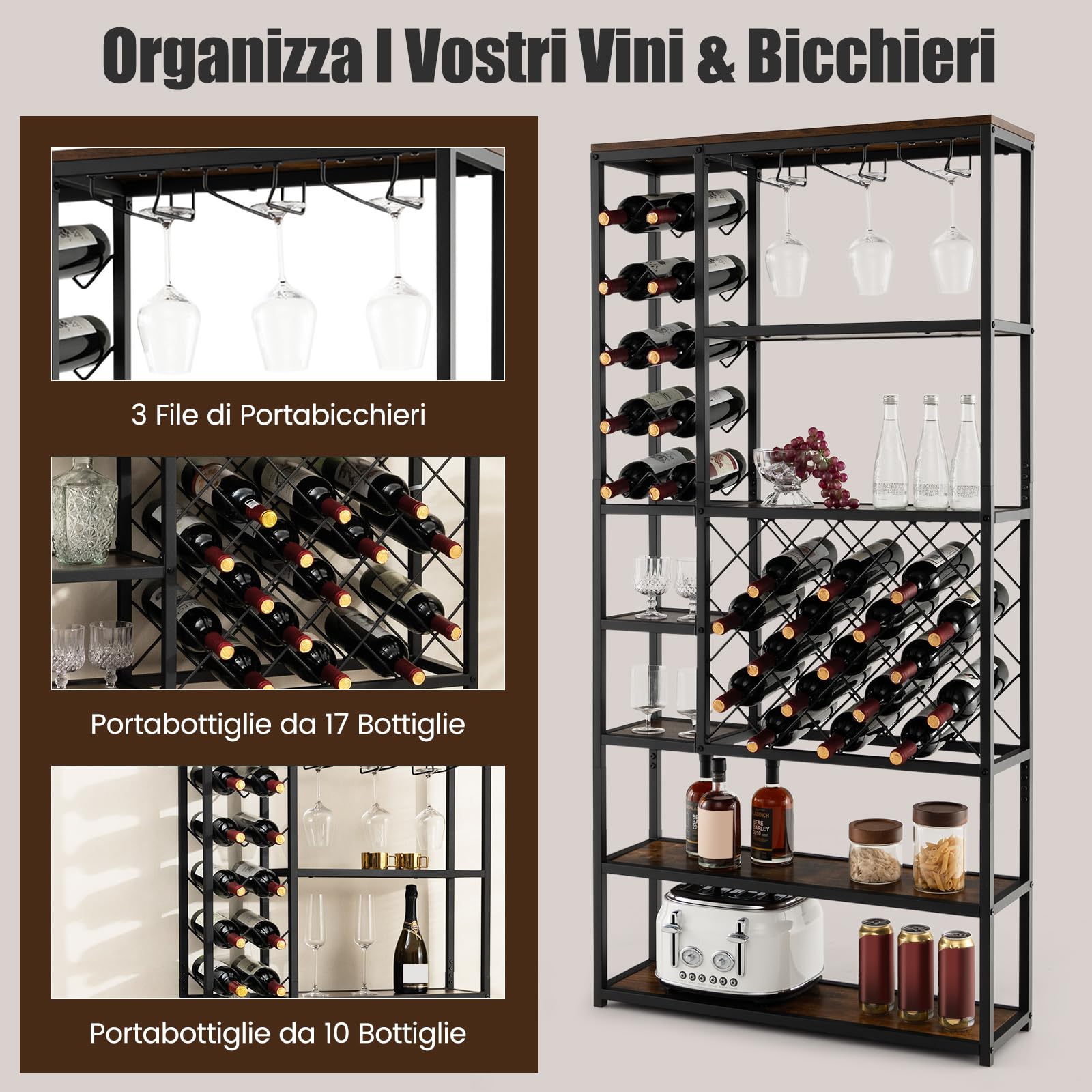 COSTWAY Portabottiglie da Terra, Cantinetta Portabottiglie Vino con Telaio in Metallo e 6 Ripiani, per 27 Bottiglie di Vino e 12 Bicchieri, per Cucina, Sala da Pranzo, 81 x 23 x 166 cm