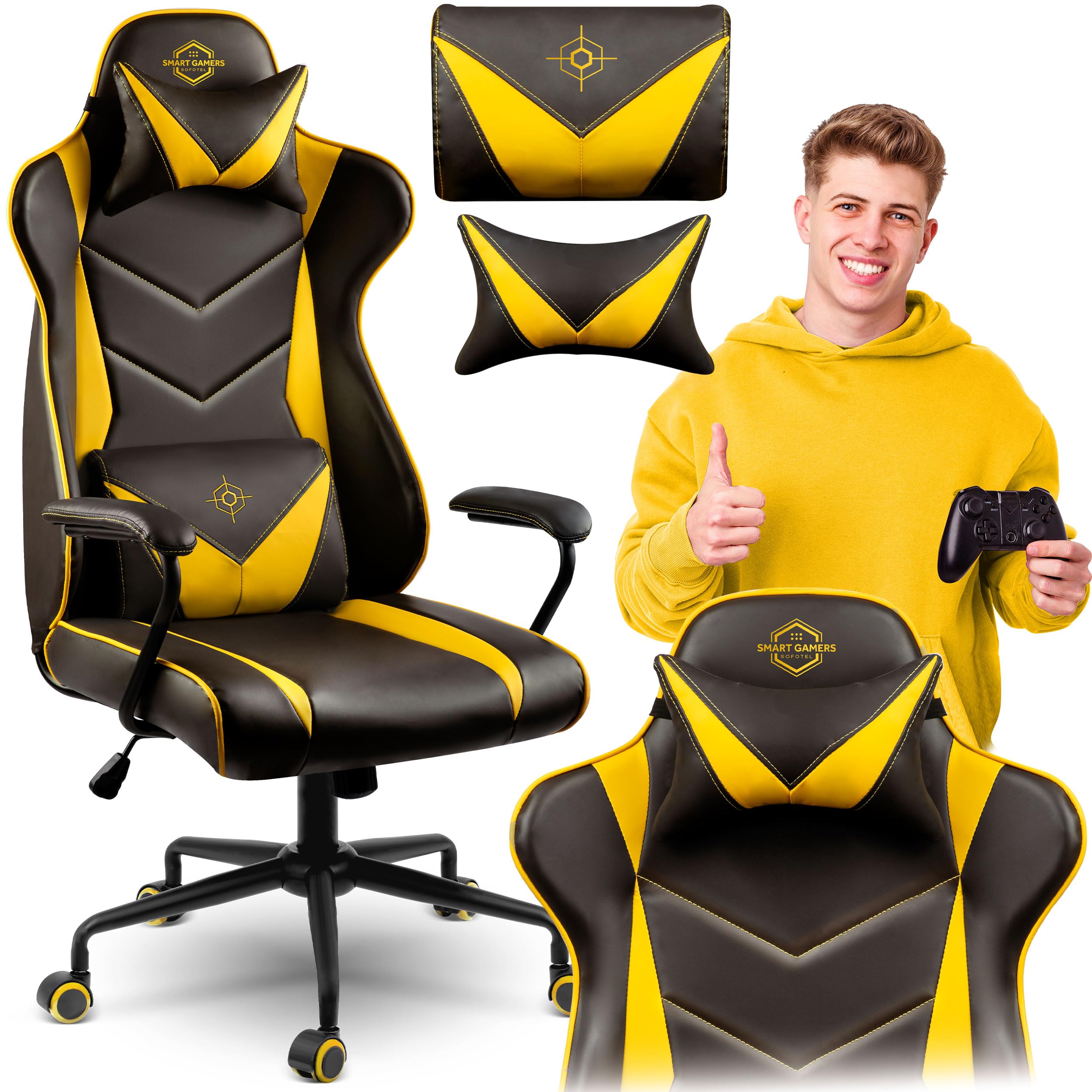 Sedia da ufficio ergonomica, da gioco, imbottita, ergonomica, per gaming, con poggiatesta, supporto lombare, braccioli, funzione basculante, per gaming, colore nero, giallo