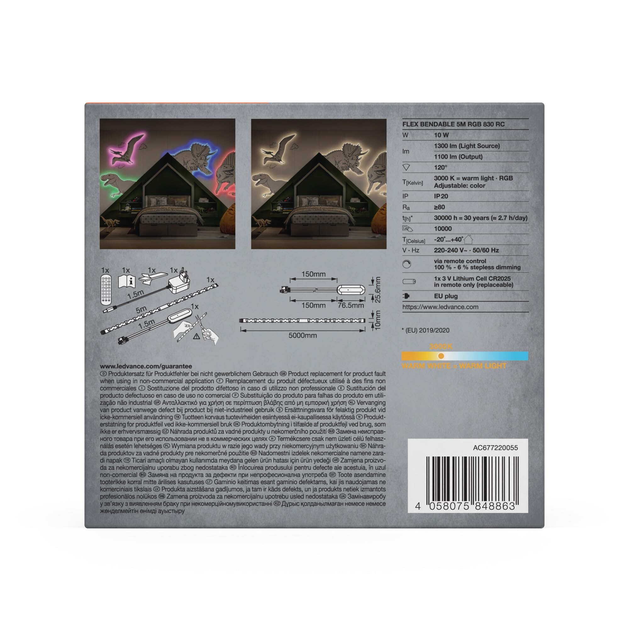 LEDVANCE Flex Bendable RGBW LED Streifen 5M, inkl. Fernbedienung, selbstklebend, dimmbar, mit Batterie und Montagezubehör