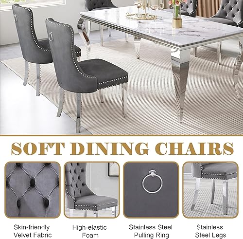 Vista 6 de Juego de mesa de comedor de mármol para mesa de cocina de mármol sintético blanco de 6,70 pulgadas y sillas de terciopelo para 6,7 piezas de mesa