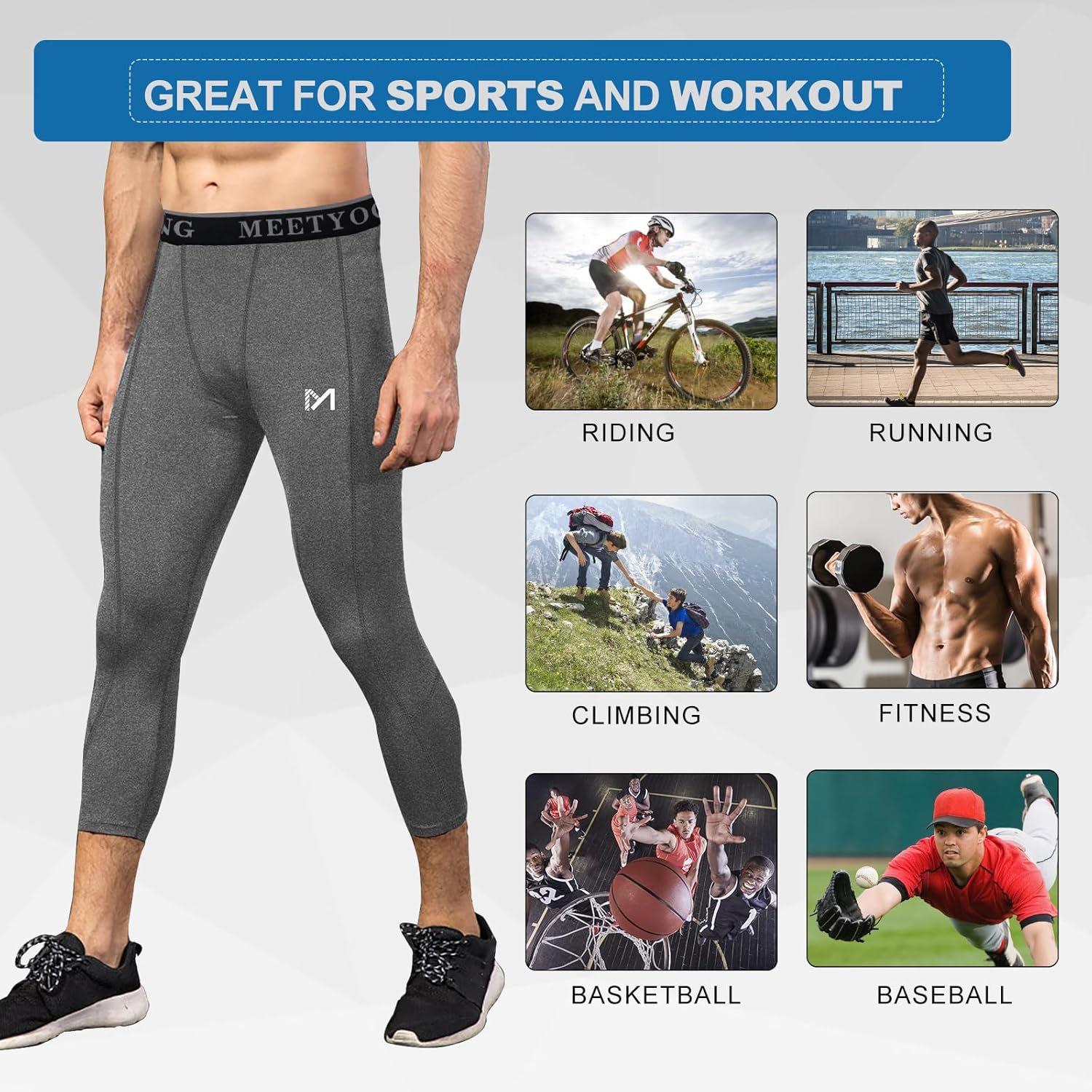 MEETYOO Men's 3/4 Compression Pants Legging Tips Cool Dry Sport Workout Heat Gear Capri Base Layer - Image 6