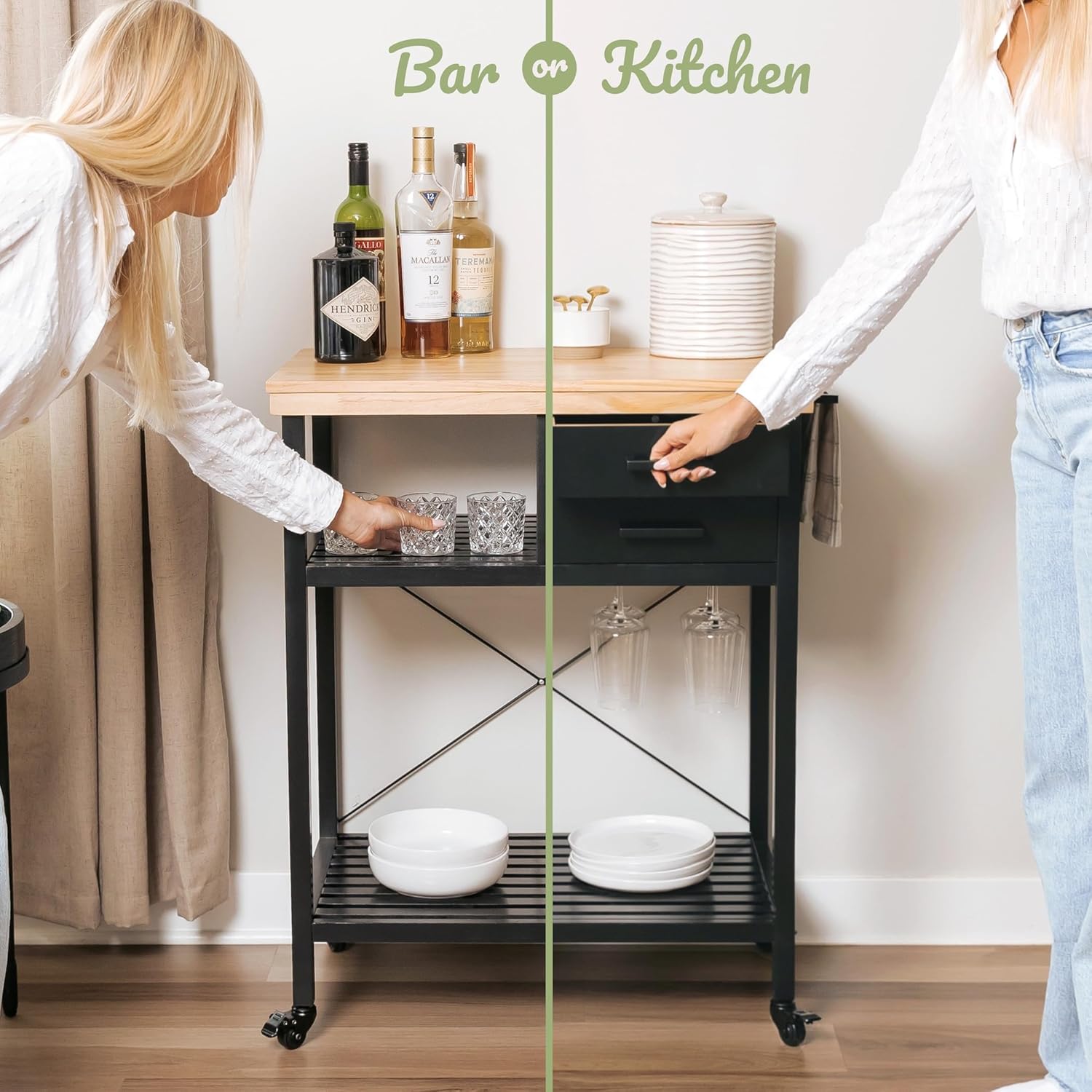 Kitchen Island Cart with Storage – Solid Wood Rolling Coffee Cart with Pine Top, 2 Drawers, Shelves & Wine Rack – Mobile Kitchen Island with Black Base