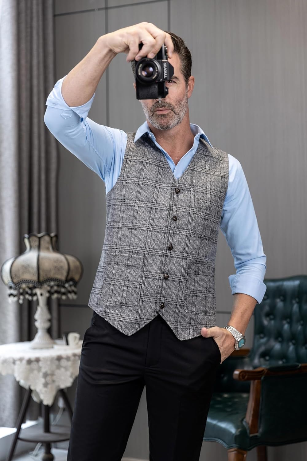 SevenBoy Mens Vintage Suit Vest Plaid Tweed Waistcoat Casual Dress Vest - Image 6