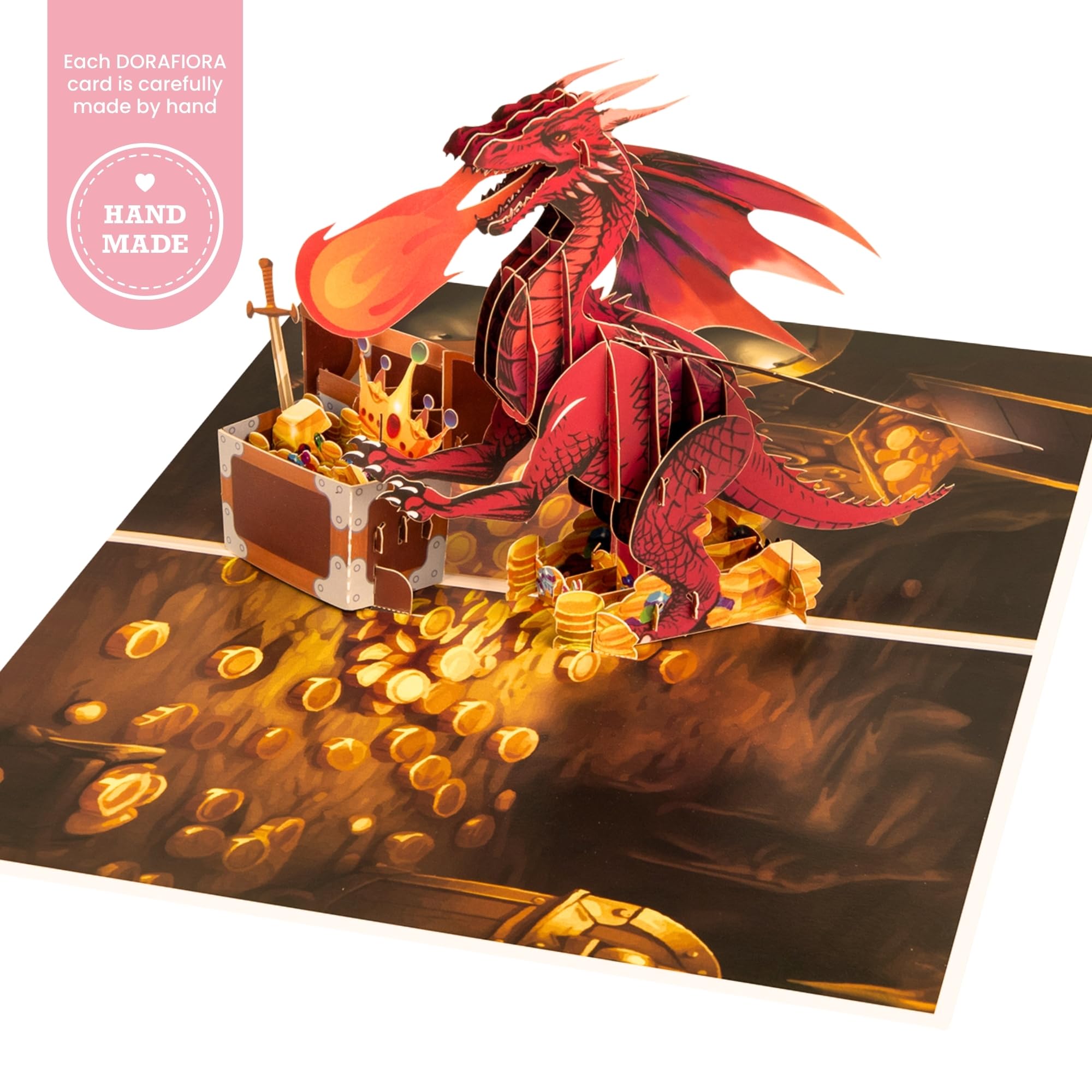 Kartka pop-up 3D, smok ze skrzynią skarbów – fantazyjna kartka z życzeniami dla dzieci i dorosłych, kartka pop up na urodziny, dla fanów DnD i fantasy, w zestawie koperta