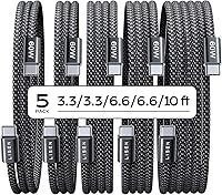 LISEN 60W USB C to USB C Cable 5-Pack (3.3/3.3/6.6/6.6/10FT) Fast Charging for iPhone 17/16/15 Pro Max, Galaxy S25/S24, iPad Pro - Braided Durable