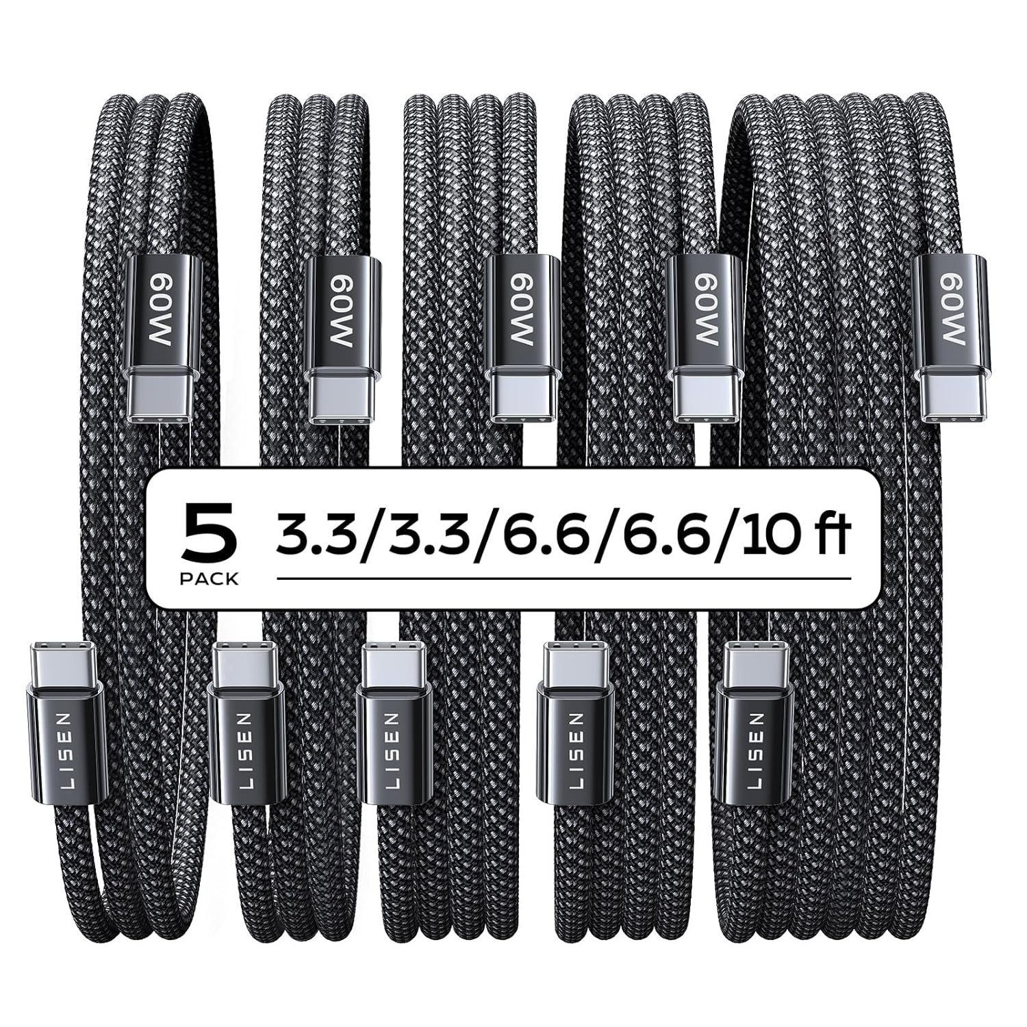 LISEN USB C to USB C Cable 5-Pack 3 3 3 3 6 6 6 6 10FT for
