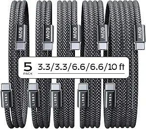 LISEN USB C Cable, 5-Pack [3.3/3.3/6.6/6.6/10FT] USBC to USBC Cable for iPhone 16e 15 Pro Max Charger Cord, 60W C to C Cable Fast Charging for Samsung Z Flip 7/S25/S24, Switch 2, iPad, MacBook Air 17