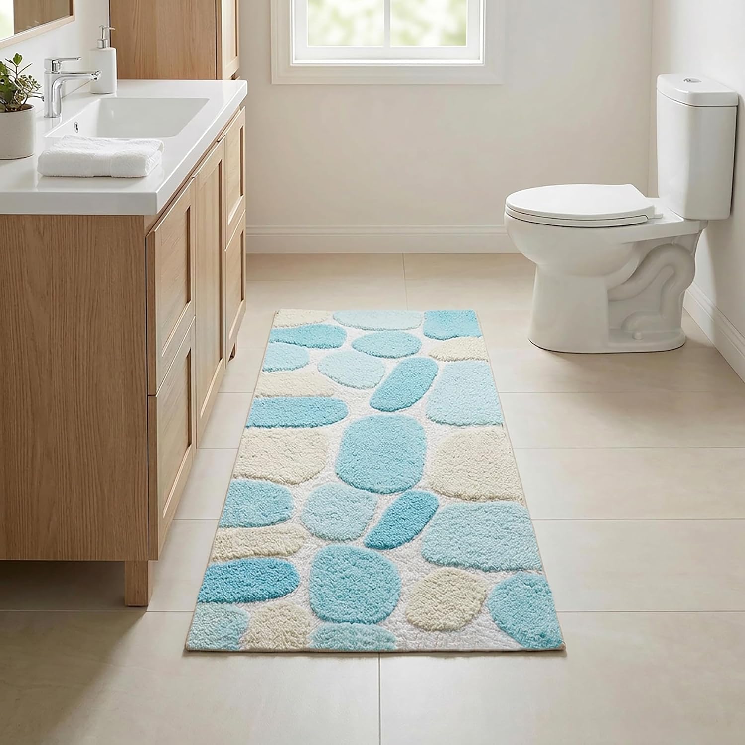 Cotton Pebble Stone Bath Runner Rug 2x5 Feet - Aqua Turquoise, Anti Slip Quick Absorbent Soft Paio Runners ideal for Bathroom, Kitchen, Living Room | Washable Large Spa Floor Mat for Bedroom Use