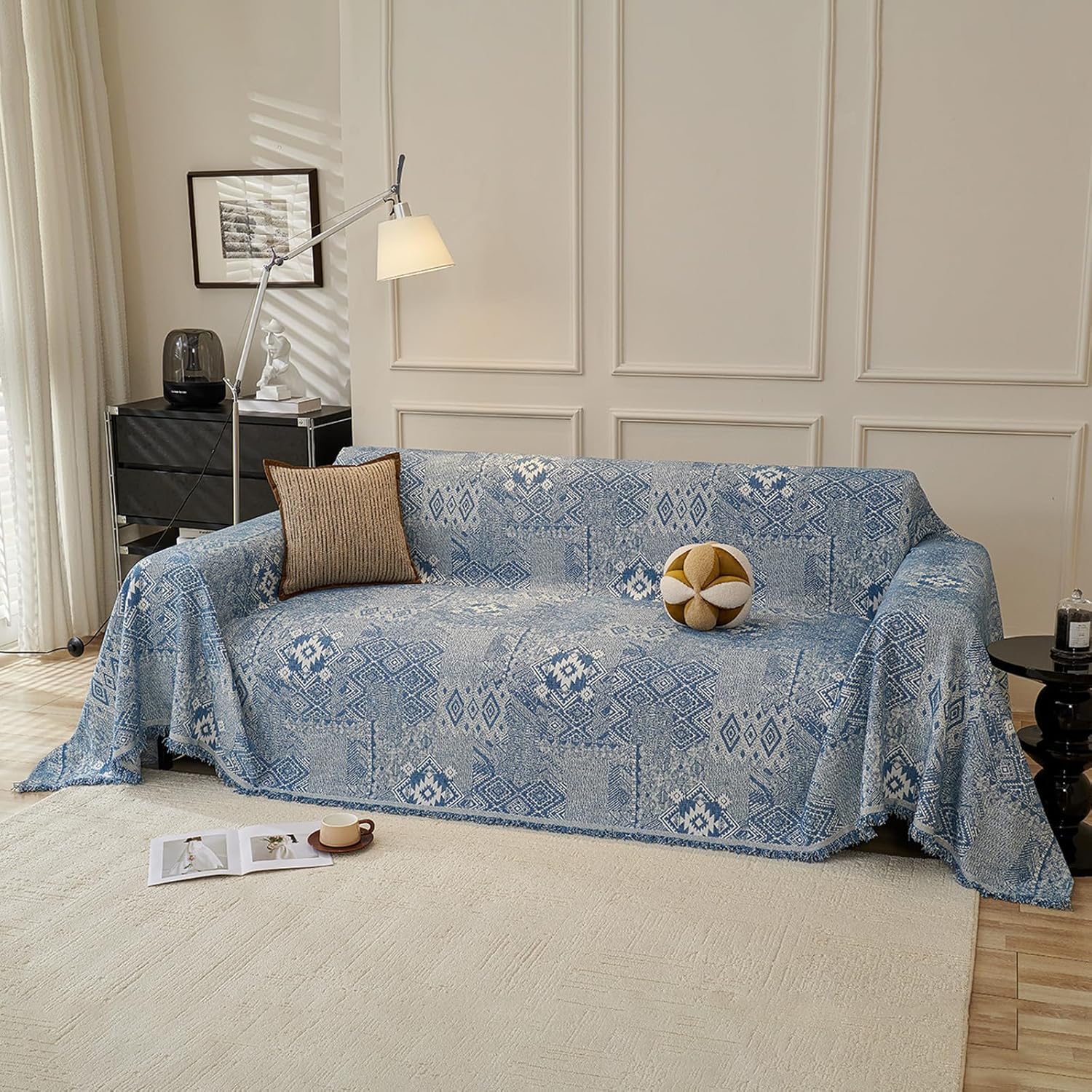 DREAMINGO Couch Covers for Sofa Boho Geometric Jacquard Vintage Sofa Covers 3 Seater Non Slip Chenille Furniture Protector for Dogs Pets Washable Sectional Couch Slipcovers, Blue, 71"x150"