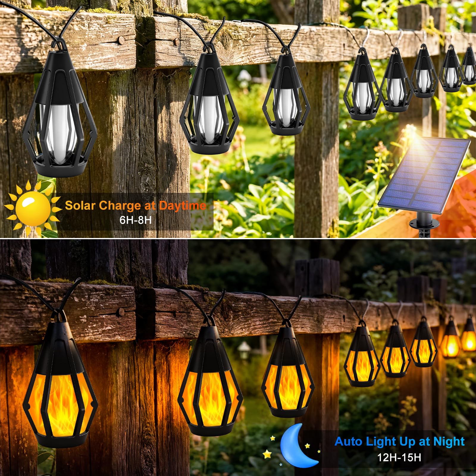 Solar-Lichterkette für den Außenbereich, 15 LEDs, warmweiße Flamme, 15 m | Wasserdichte Solar-Lichterkette für den Außenbereich, Baum, Halloween, Terrasse, Garten, Veranda, Party-Dekorationen