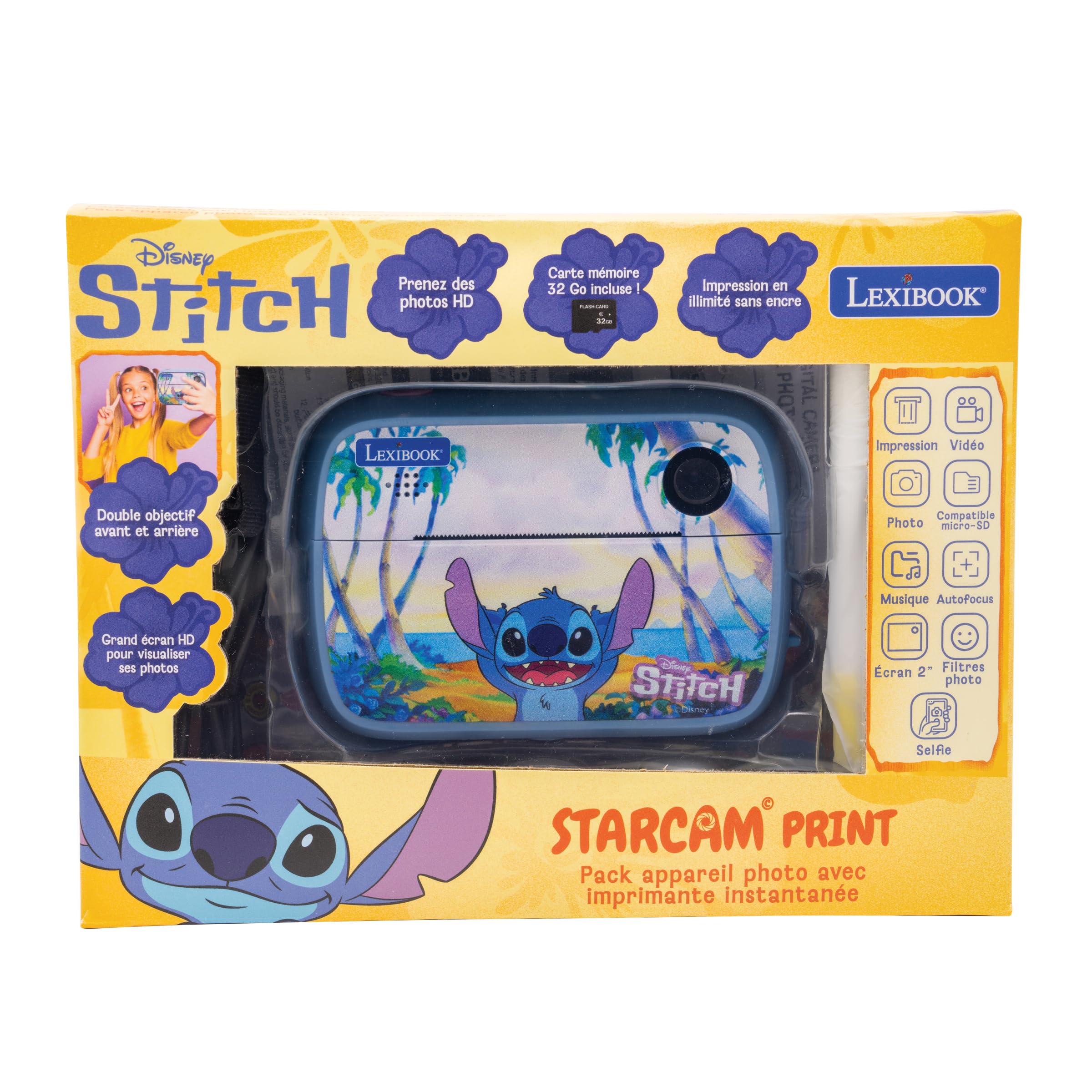 Lexibook, Disney Stitch, Aparat Starcam Print HD, DJ149D | Drukarka natychmiastowa, zdjęcia i wideo, karta SD 32 GB, zestaw personalizacji, niebieski