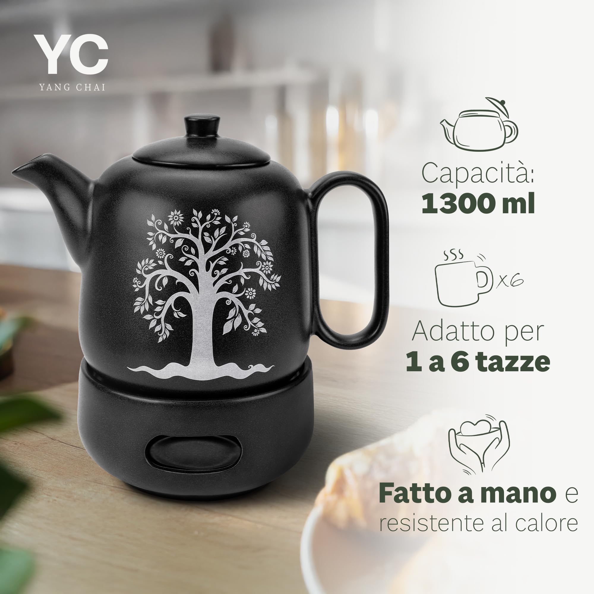 YC Yang Chai YC TREE - Teiera con fornelletto, in ceramica nera opaca, 1,3 l, teiera con filtro – antigoccia e resistente al calore – teiera in ceramica fatta a mano – calore duraturo