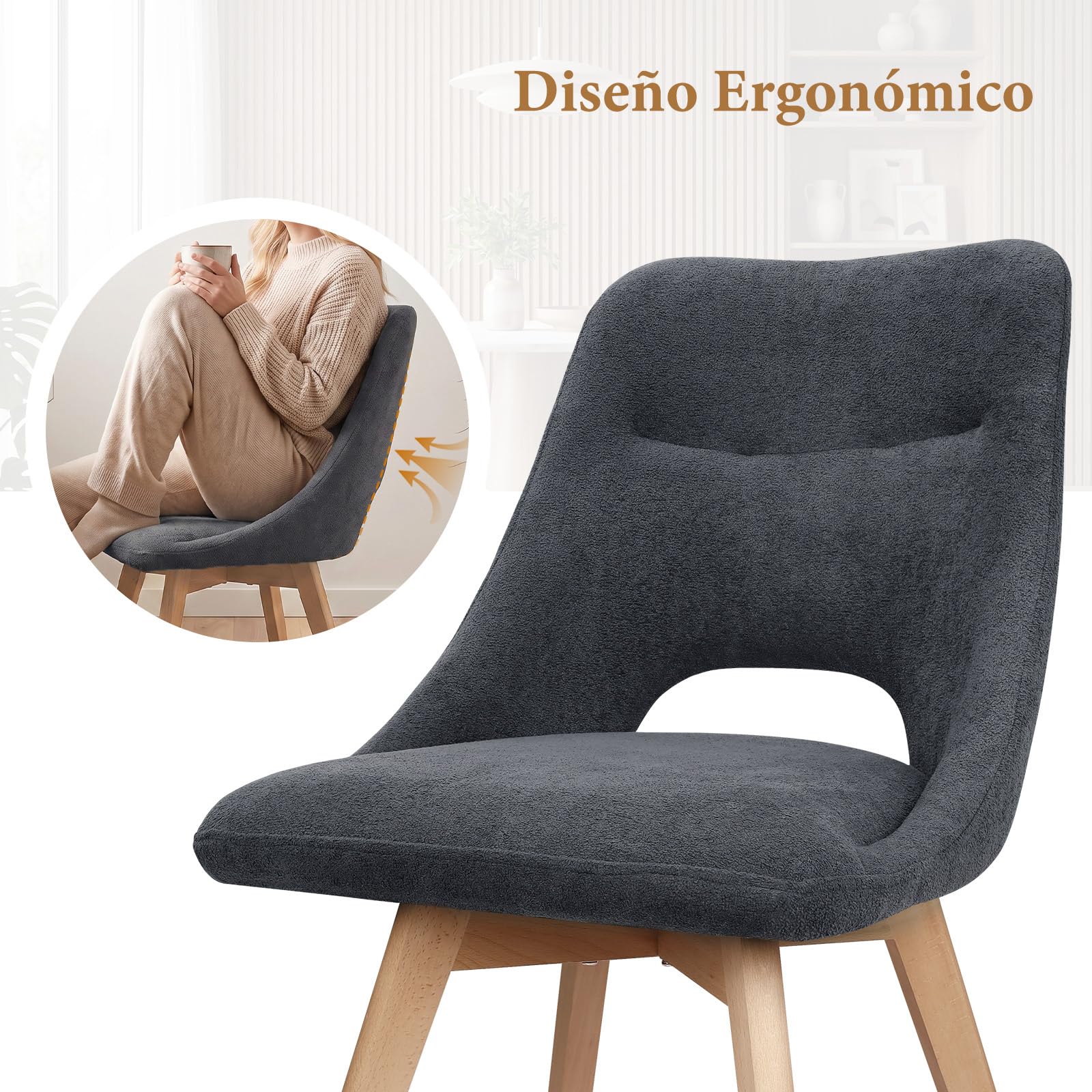 WAFTING Sillas de Comedor Giratorias 360° Acolchadas Pack de 4, Gris Oscuro | Tejido Similcachemir, Pata de Haya, Asiento Ancho de 48 cm, Respaldo Calado, para Comedor, Cocina, Salón y Cafetería