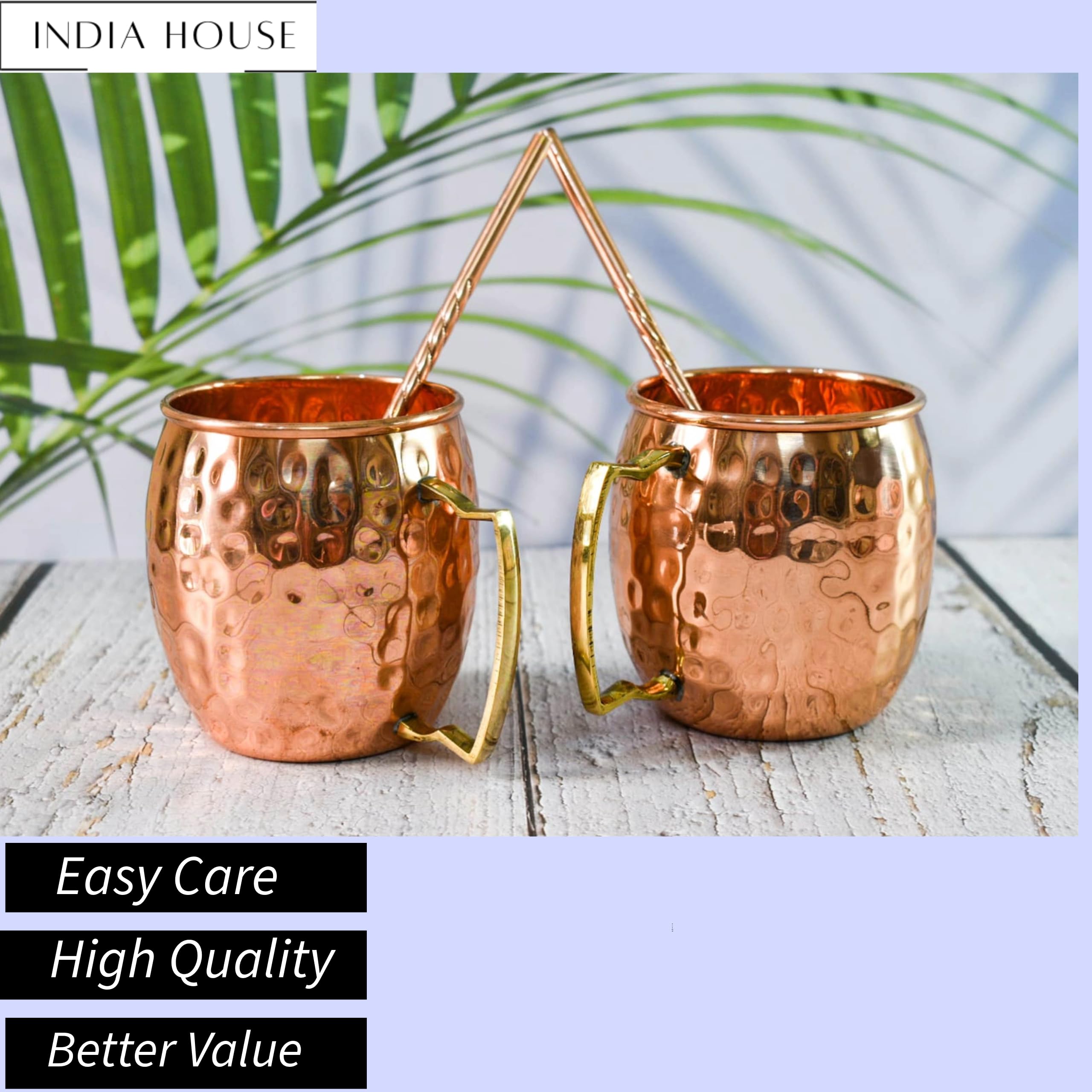 India House - Moscow Mule 16 oz Cup Set, Set of 2 Hammered Mug - Brass Handle (2 Coaster, 2 Straw Free), 4 x 3.5 inch - Image 4