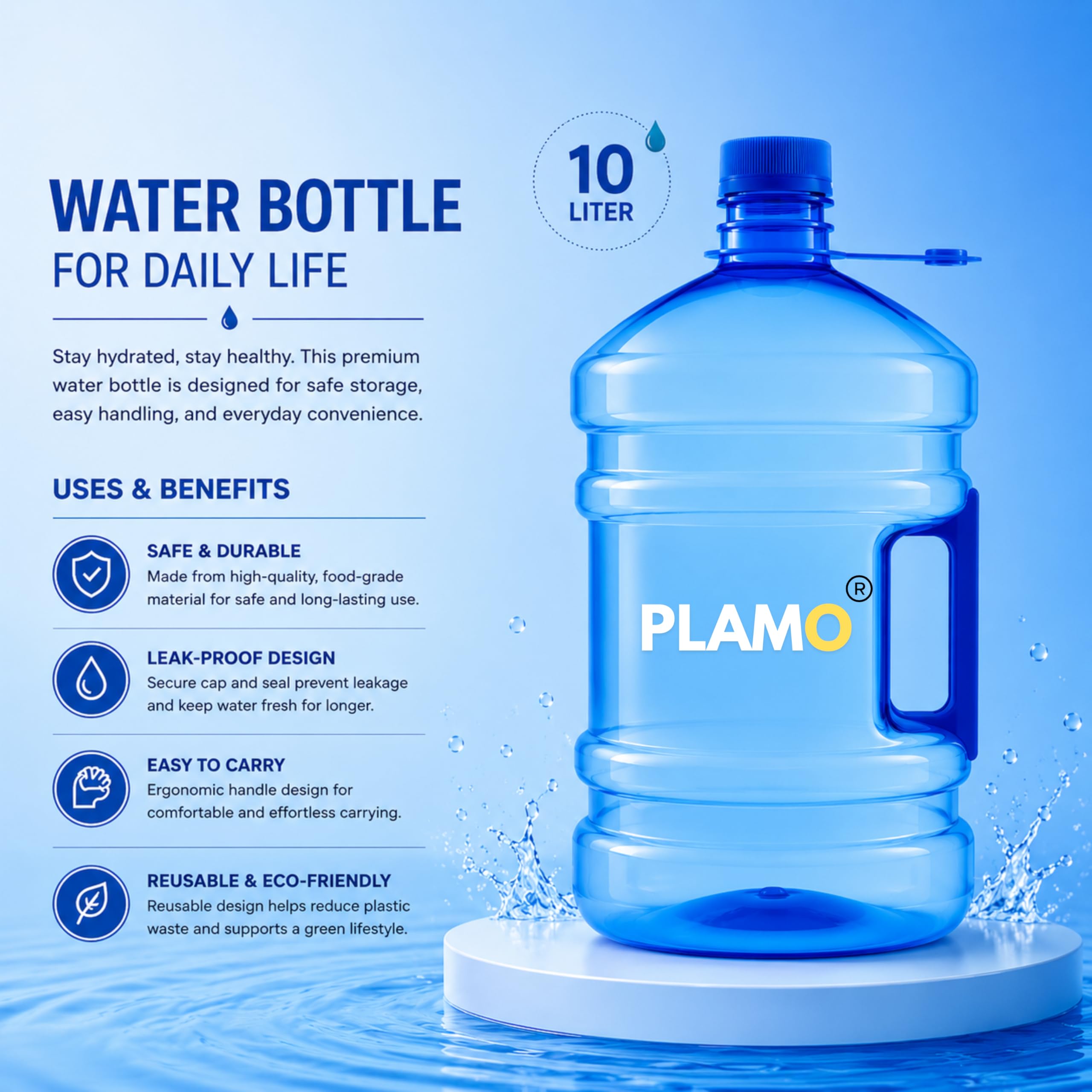 PLAMO 10L Water Bottle - Blue, Leak-Proof & BPA Free -3