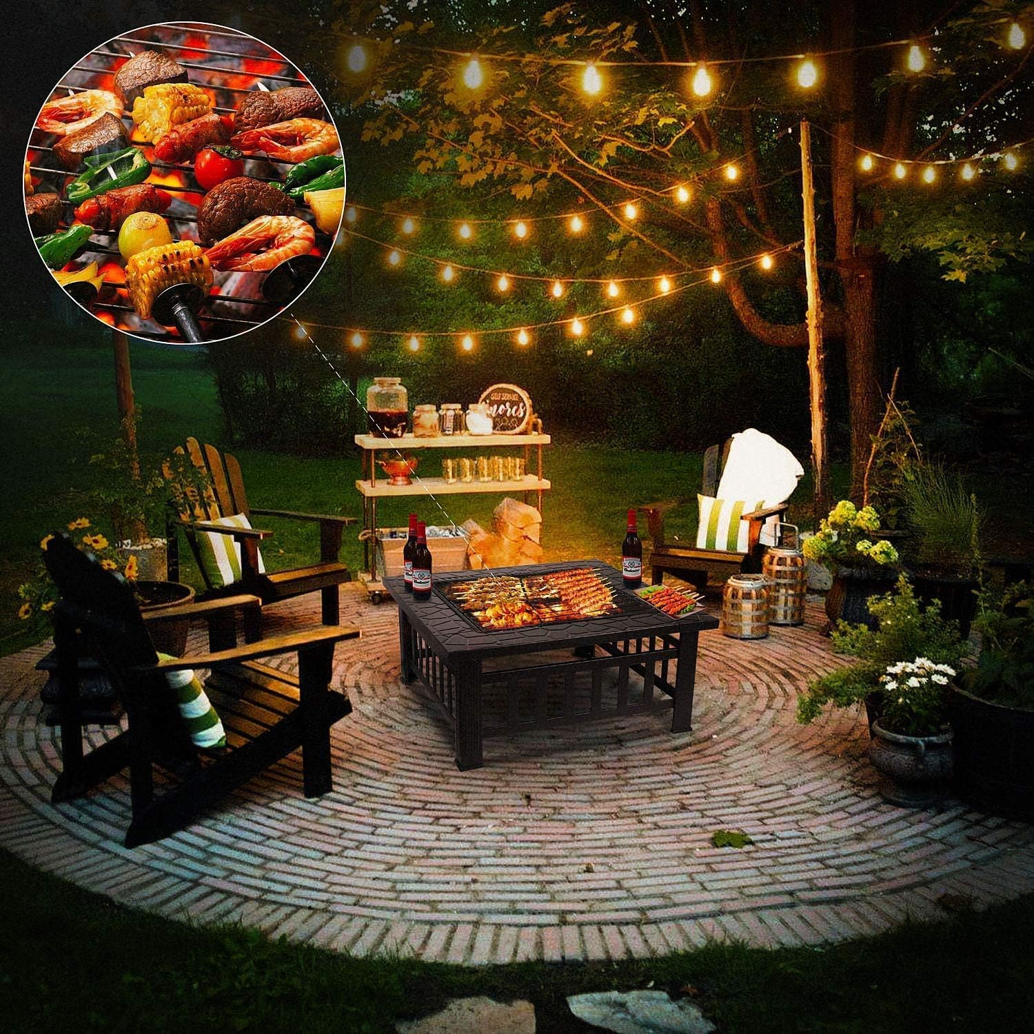 Braciere in metallo da 81 cm, quadrato, a legna, con attizzatoio in acciaio e copertura per esterni, patio, giardino, cortile, campeggio, riscaldamento