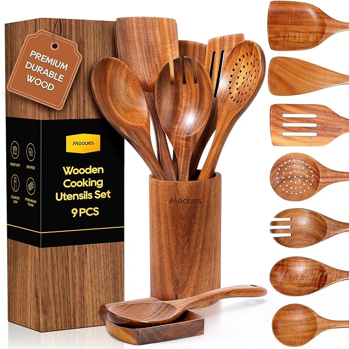 9 Piece Natural Teak Wooden Kitchen Utensil Set with Spoon Rest - Comfort Grip Cooking Spoons and Utensils Holder