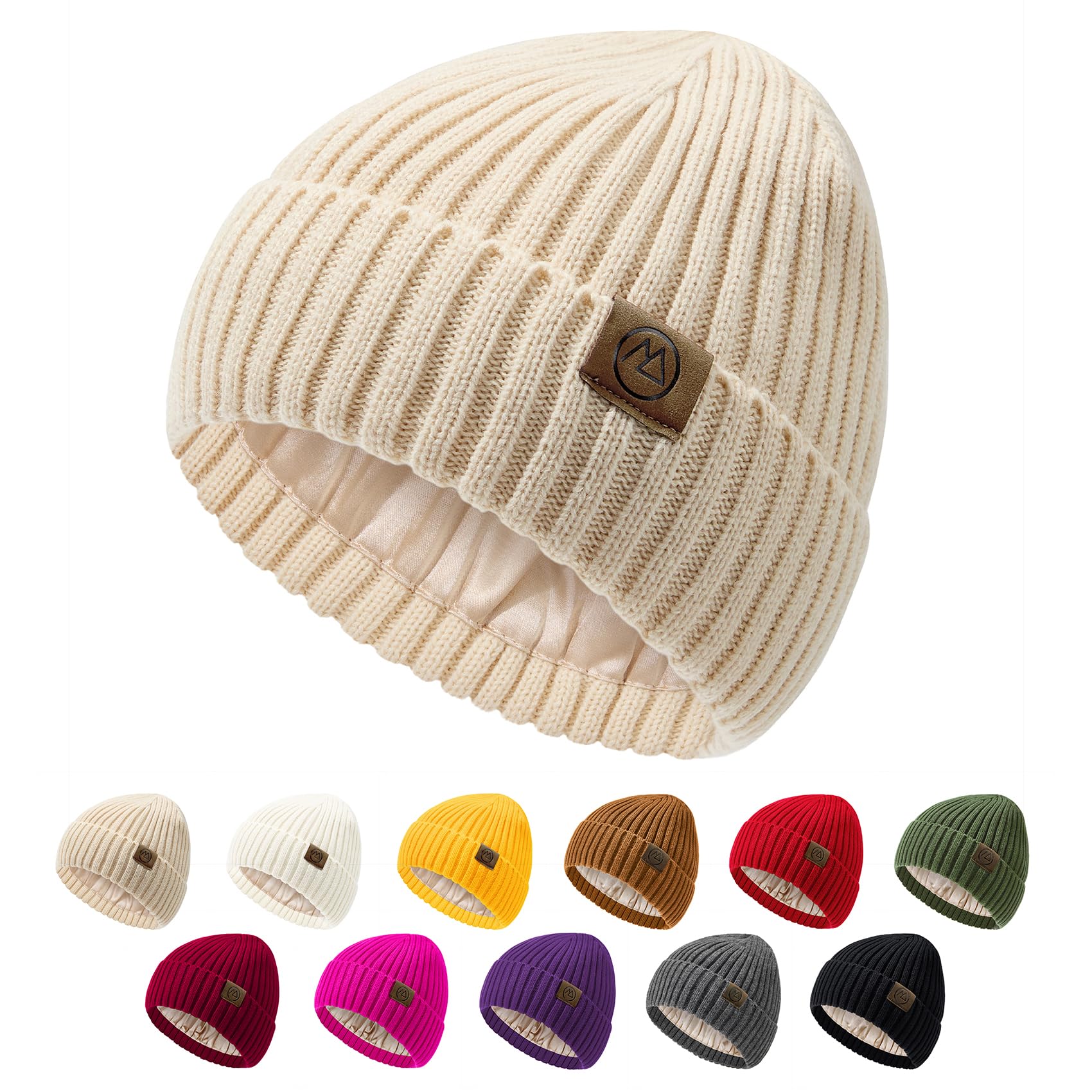 Unisex Satin Lined Warm Winter Hat - Silk Lined Knit Slouchy Beanie - Beige