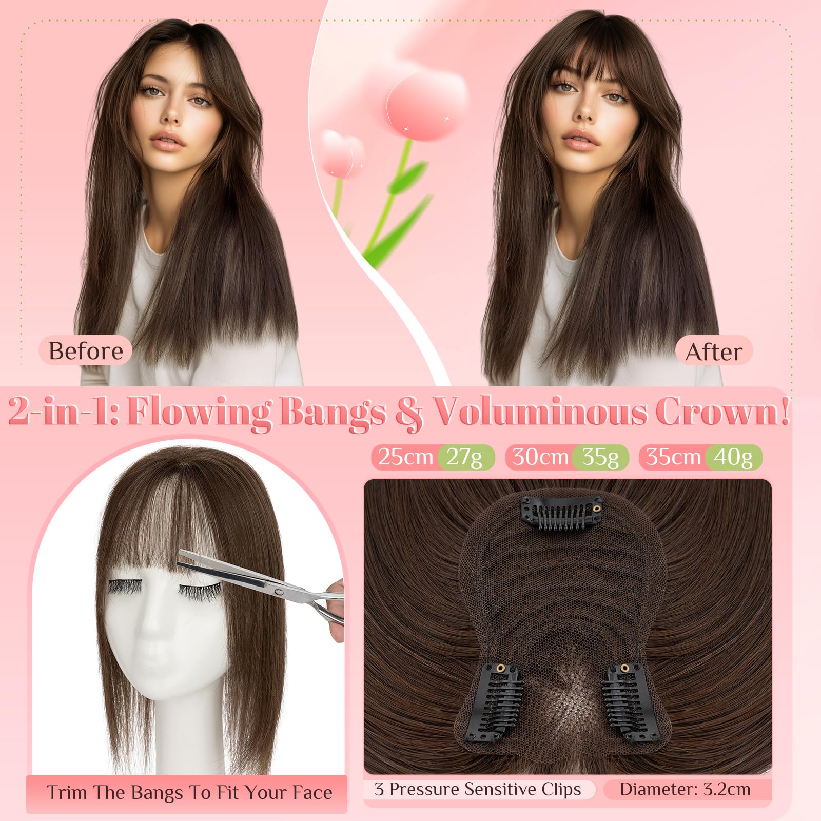 Elailite Hair Topper Echthaar Clip in Haarteil Dunkelbraun, 30cm 35g Haartopper Damen Real Human Haar mit dünnem Pony Haarteile (Silk Lace 8x11.5cm)