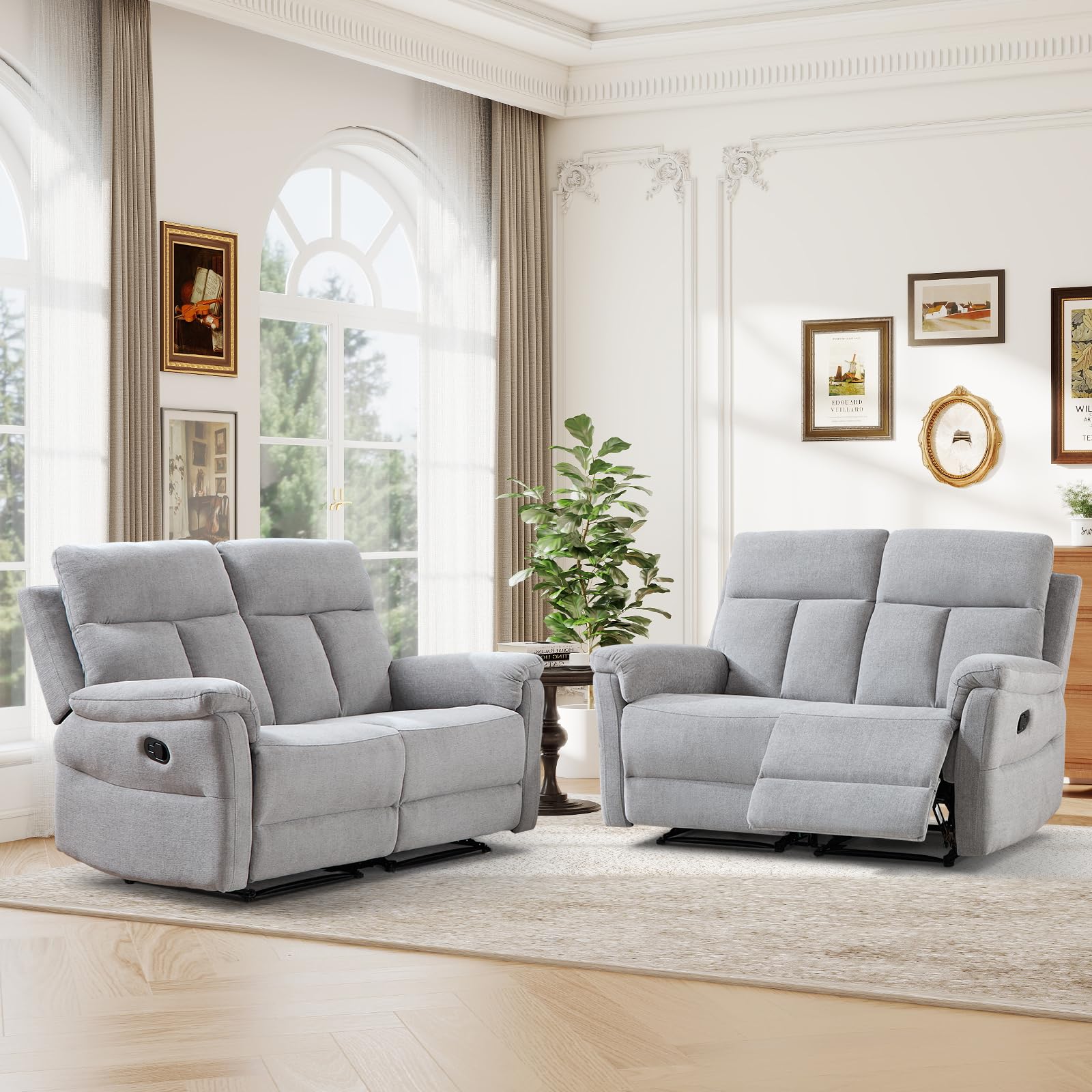 ANJ 2-Piece Manual Reclining Loveseat Set, 2 Seat Recliner Sofas with Padded Arms and Supportive Backrest, Comfortable Fabric Reclining Couch Set for Living Room, Silver