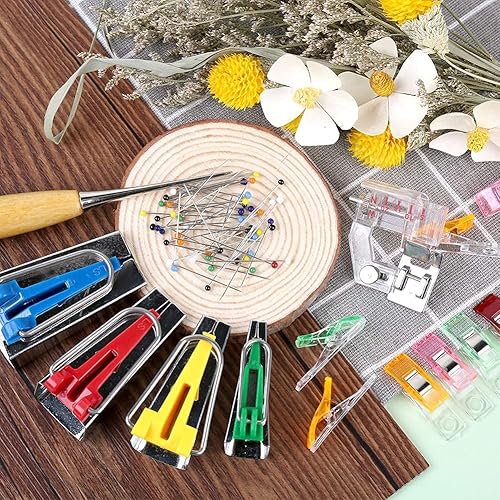 Miniatura 7 de LUNARM Kit de cinta al bies, herramienta de cinta al sesgo con instrucciones, máquina de sesgo de 4 tamaños con 60 clips de costura, 50 pines de