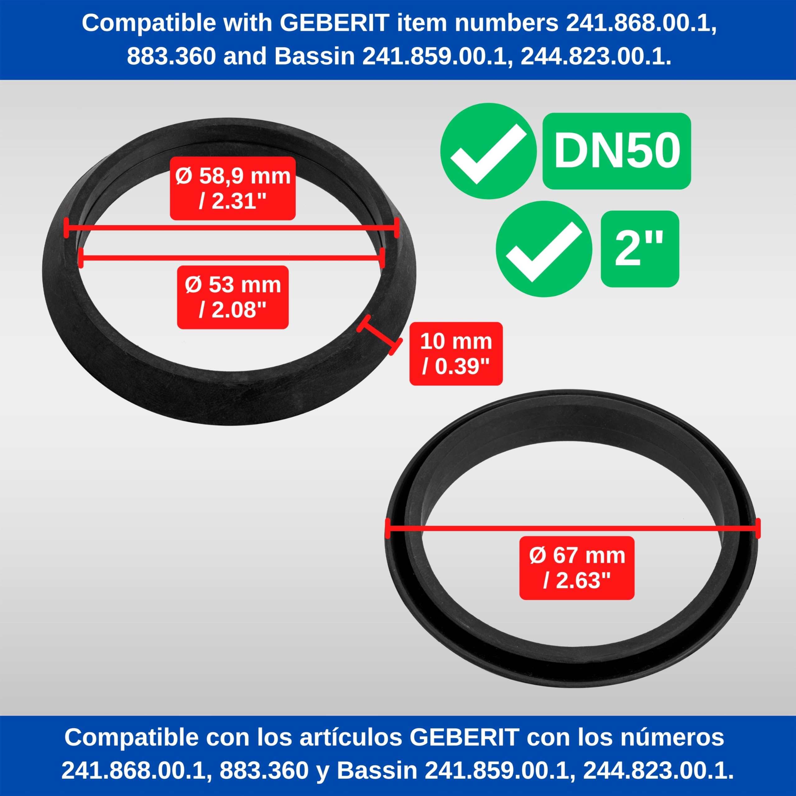 Basin seal, 2 pieces, 67 x 53 x 10 mm, replacement for 241.868.00.1, 883.360, compatible with GEBERIT basin 241.859.00.1 - Image 4