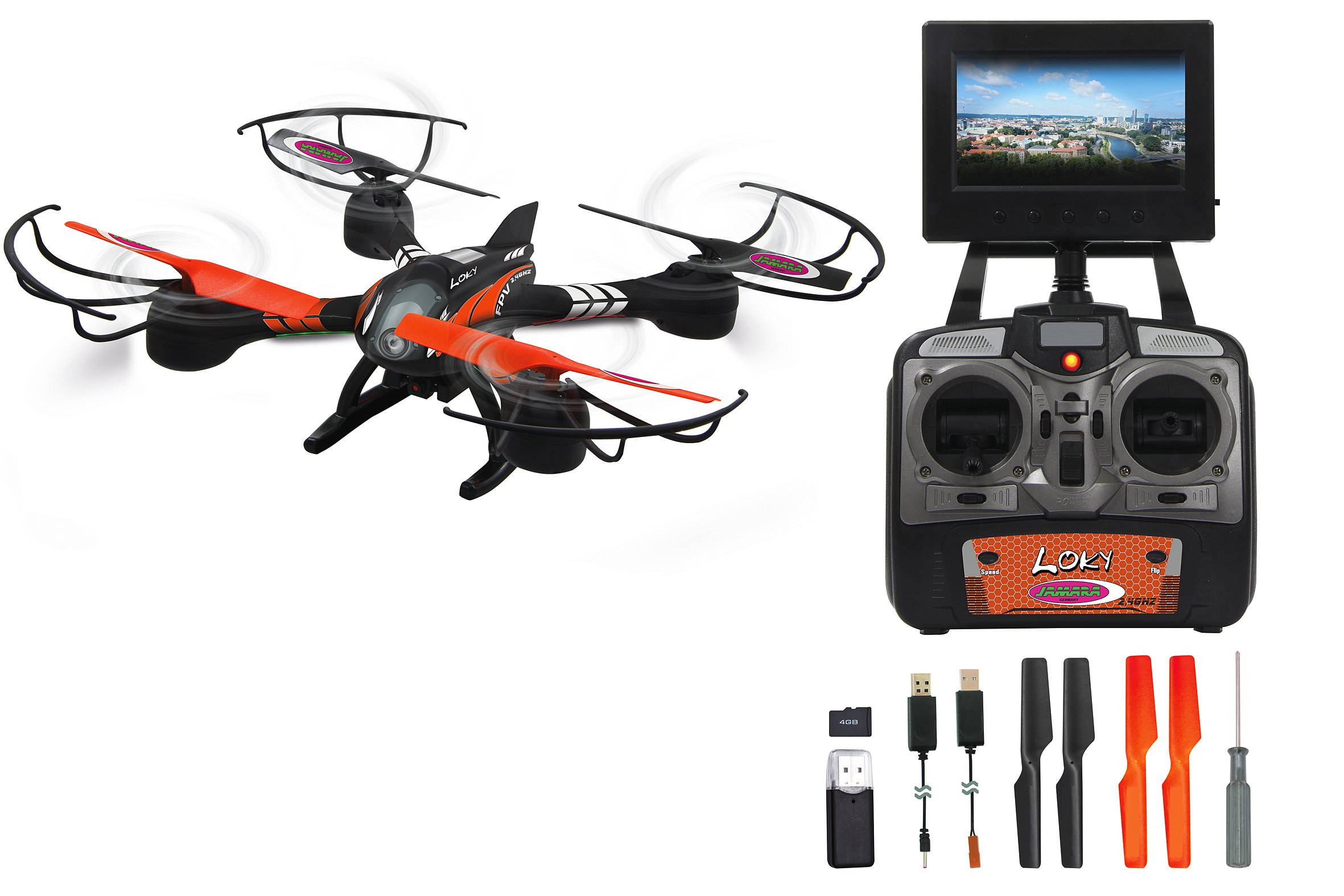 JAMARA 422001 - Loky FPV Drone LCD Screen Kompass Flyback Turbo - entkoppeltes 2,4 GHz FPV Kamerasystem (640 x 480px) Foto- / Videofunktion, 4 GB SD-Karte, bis zu 40 Km/h, Super Silent Technology, LED