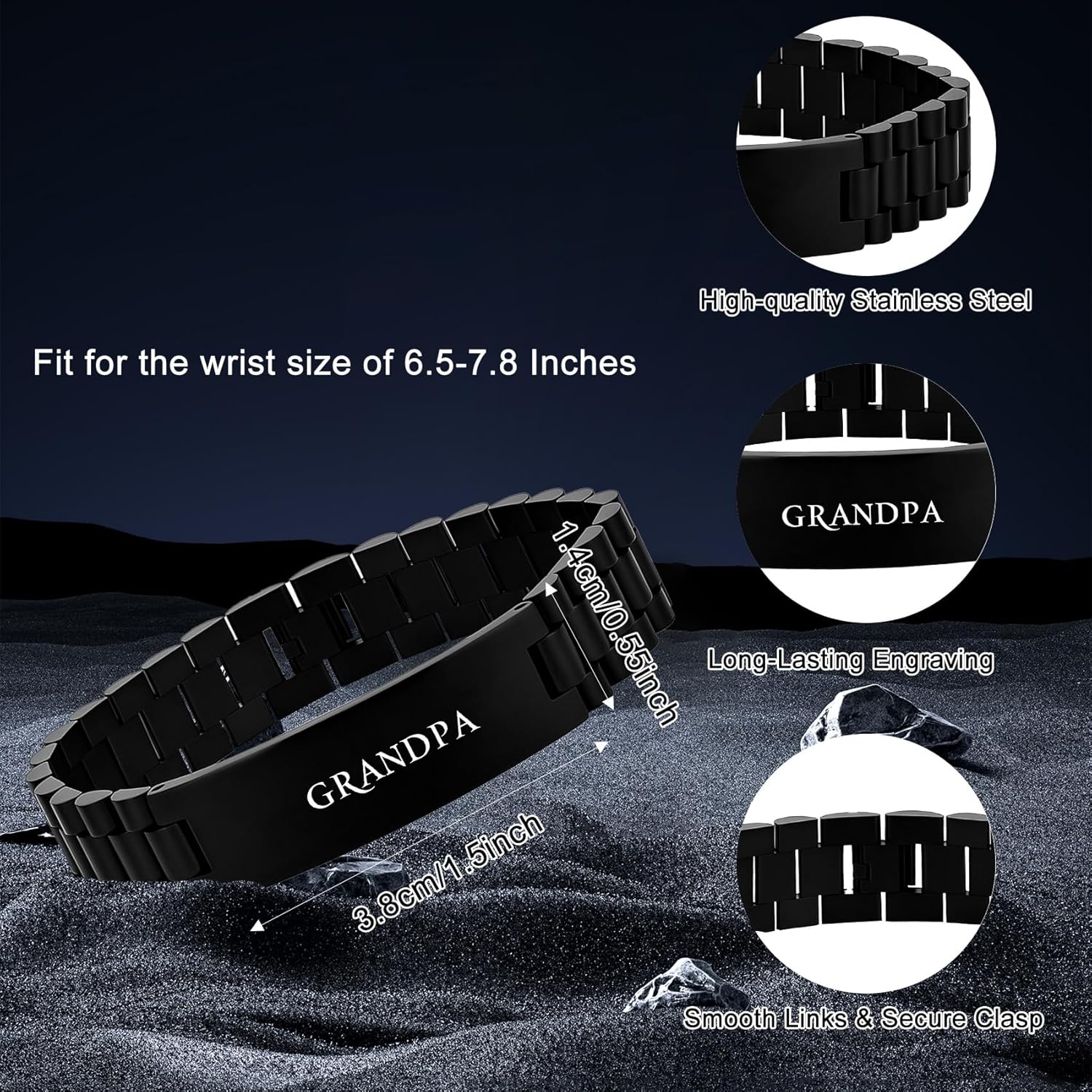 Grandpa Gifts for Grandpa Christmas Xmas Gifts Cool Grandfather Birthday Personalized Grandparents Fathers Day Presents from Granddaughter Grandson Valentines Stainless Steel Link Bracelet 1pcs - Image 5