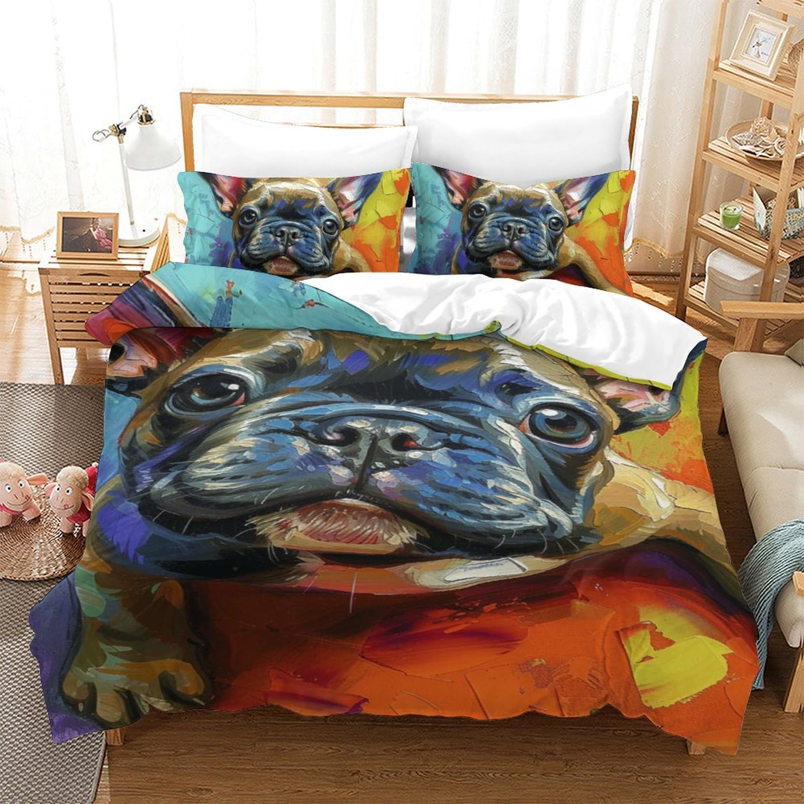 Housse de couette bouledogue français 140x200cm lit simple fermeture éclair