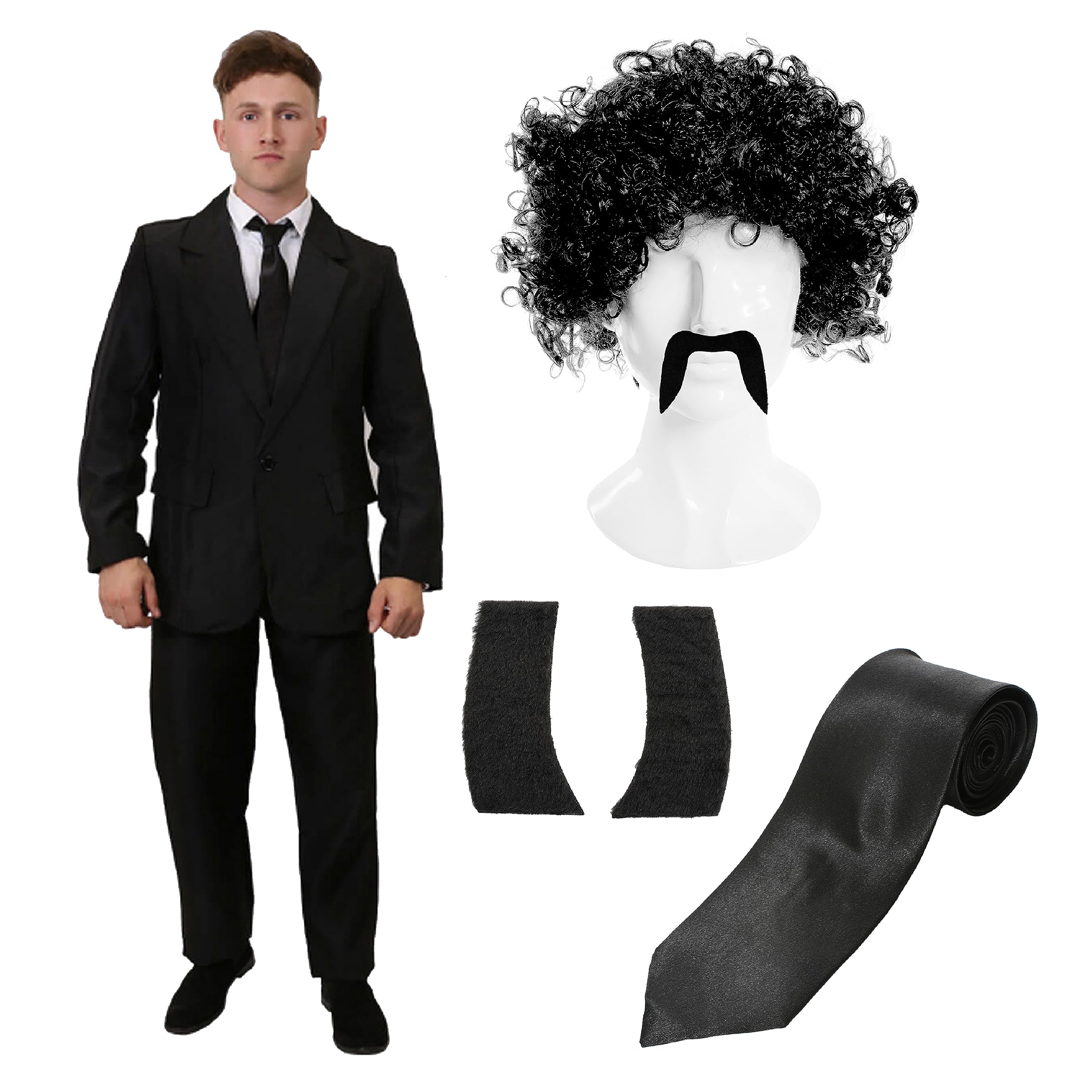 Conjunto de Hitman para adultos, traje negro, peluca afro negra, corbata negra, patillas negras adhesivas y bigote negro adhesivo, perfecto para disfraces de personajes de película y otros eventos de