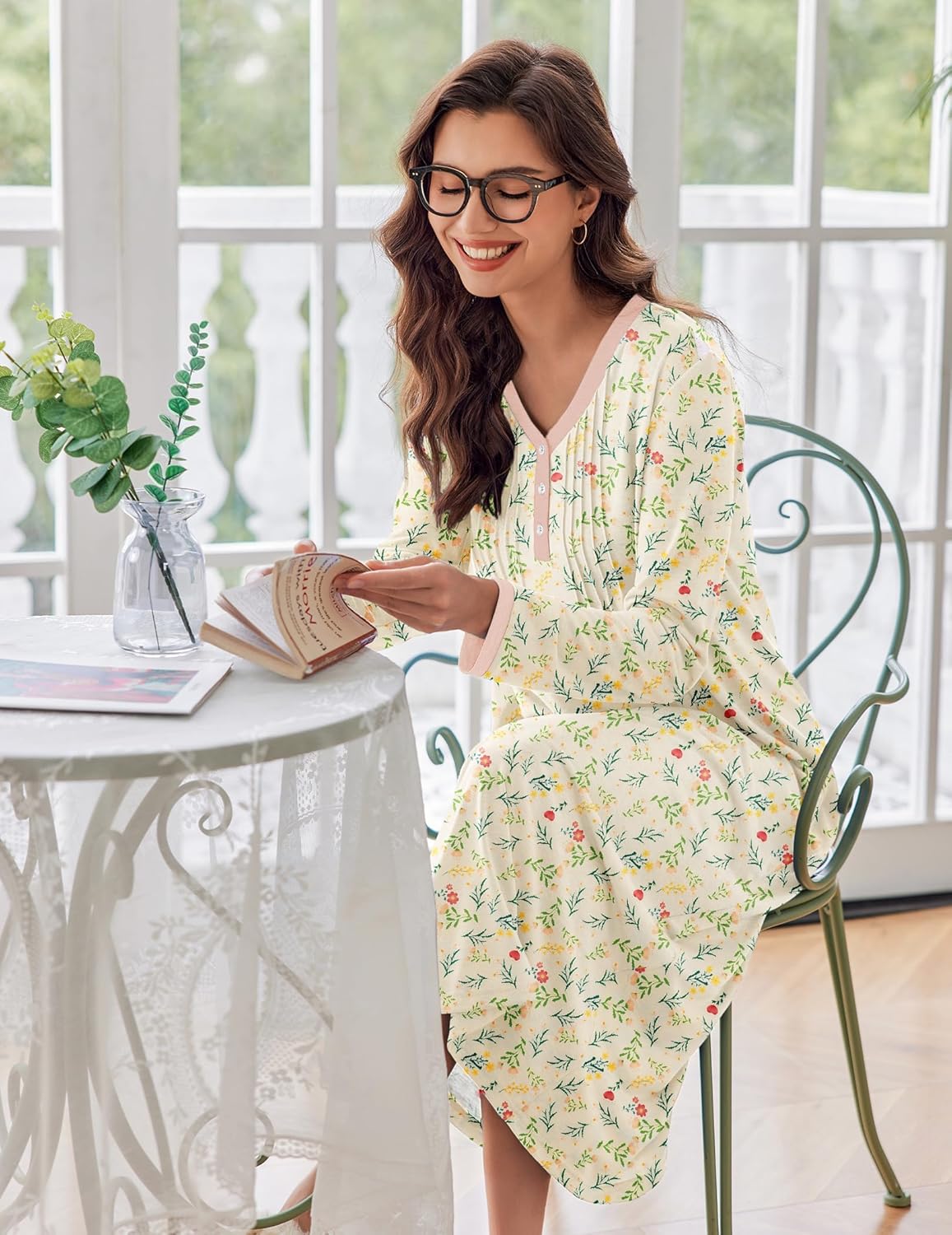 Ekouaer Women's Long Sleeve Nightgown Full Length Sleepwear Long Sleepshirts Henley Sleep Dress S-4XL - Image 2