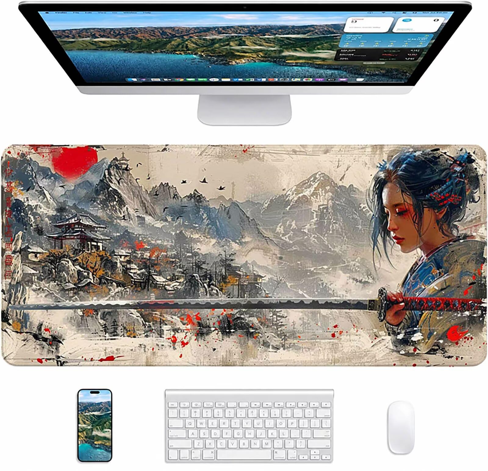 Tappetino Mouse Gaming Spada Da Samurai, Tappetino Mouse XXL 1600x800x3mm, Tappetino Scrivania con Base in Gomma Antiscivolo, Mouse Pad Migliora Precisione e Velocità, Donne Giapponesi Z-6408