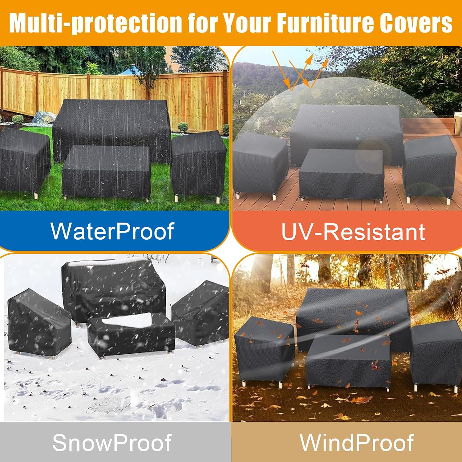 Patio Furniture Covers，Outdoor Furniture Cover Waterproof,4 Piece Patio Furniture Set Cover for Outside Couch, Lawn Chairs, Coffee Table, Windproof with Buckle Strap