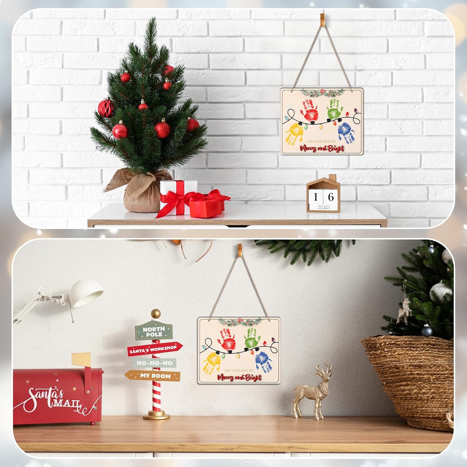 Thyle Handprint Christmas Lights, Baby's First DIY Christmas Handprint Ornament Wooden Mistletoe Craft Xmas Rustic Hanging Sign Nursery Art Decor for Baby Shower Newborn Gift Memory Keepsake