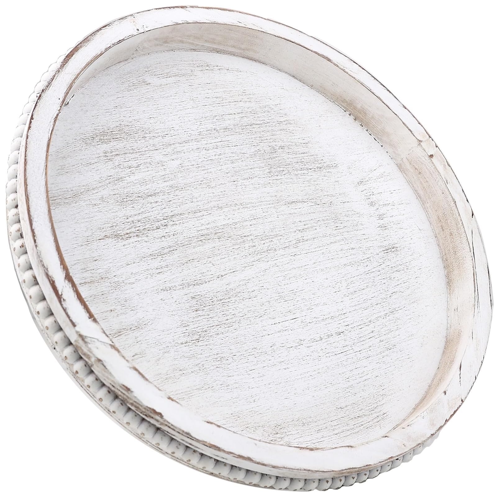 Round Wood Serving Tray with Beaded, 13” Rustic Wooden Decorative Coffee Table Tray for Centerpiece, Ottoman, Farmhouse Circle Trays for Counter, Living Room, Home Decor (Whitewashed)